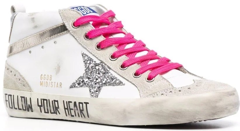 The Golden Goose Mid-Star slogan-print sneakers offer a relaxed look and supportive ankle-length design