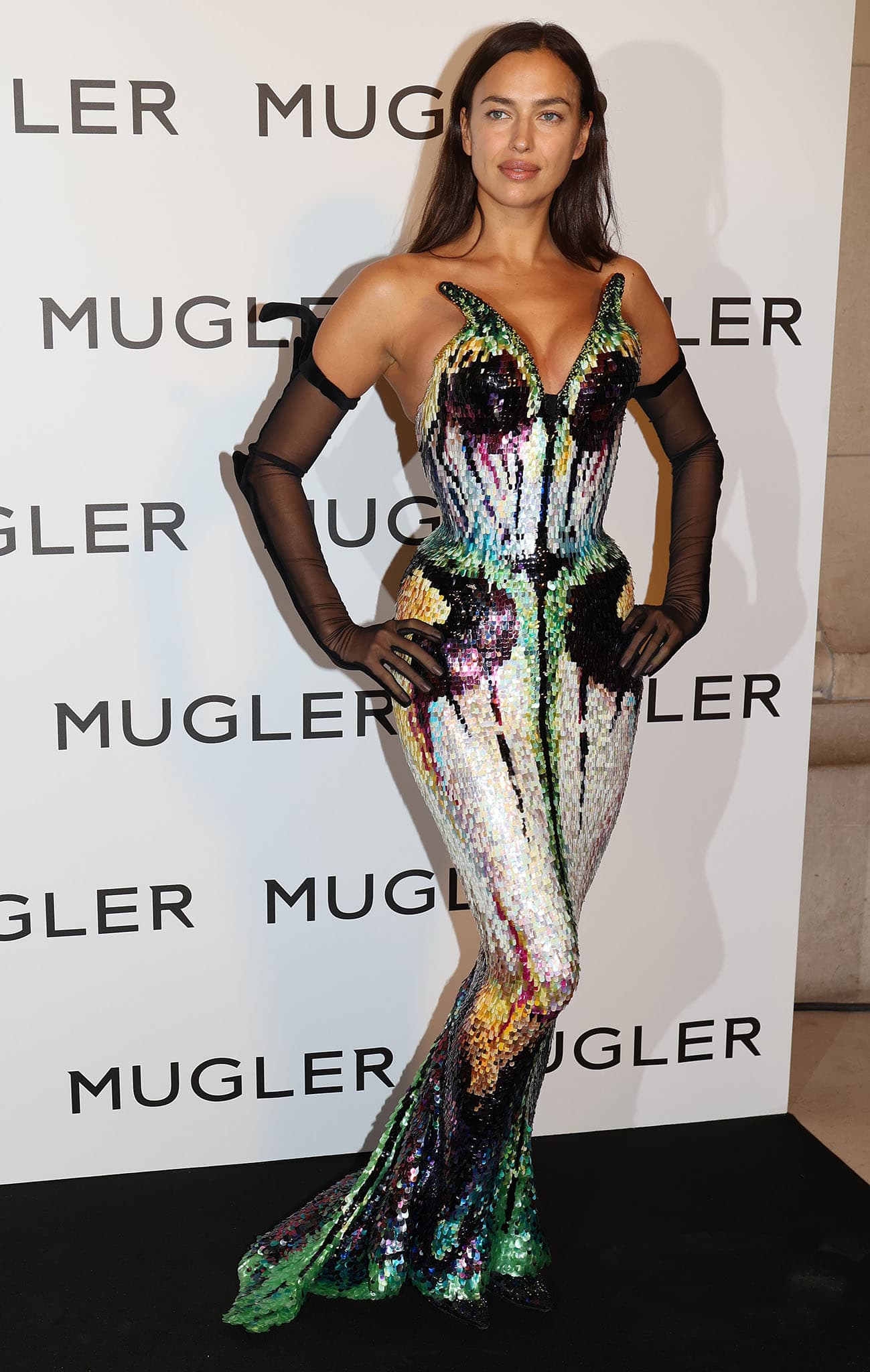 Irina Shayk at the Thierry Mugler: Couturissime photocall during Paris Fashion Week at Musee Des Arts Decoratifs on September 28, 2021