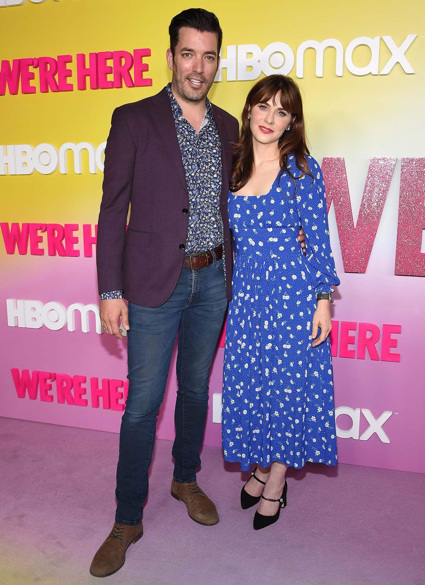 Jonathan Scott and Zooey Deschanel at the We're Here LA premiere at the Sony Studios in Culver City on October 8, 2021