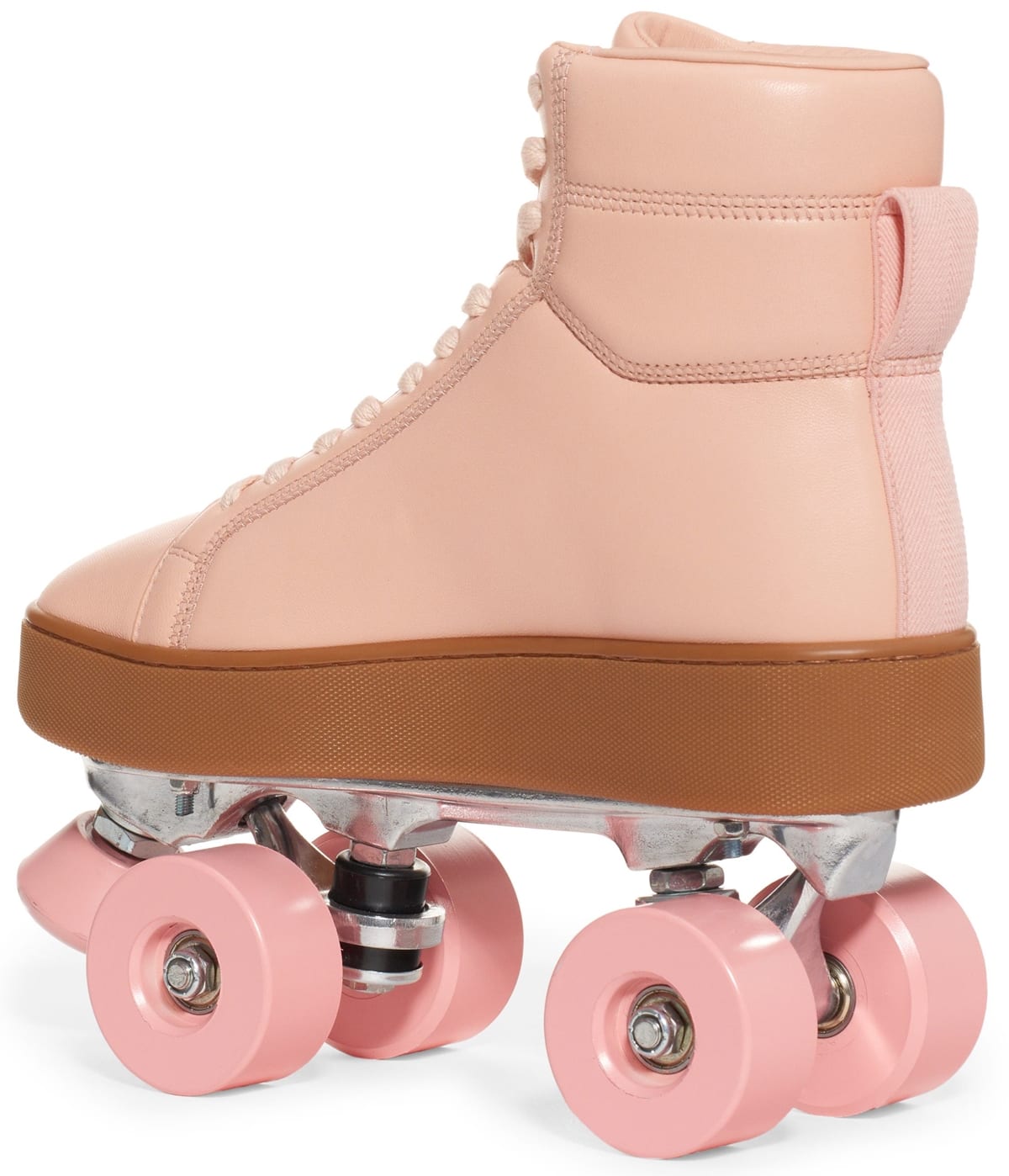 High top silhouette, pink leather sneaker skates with tonal four wheel base and stopper