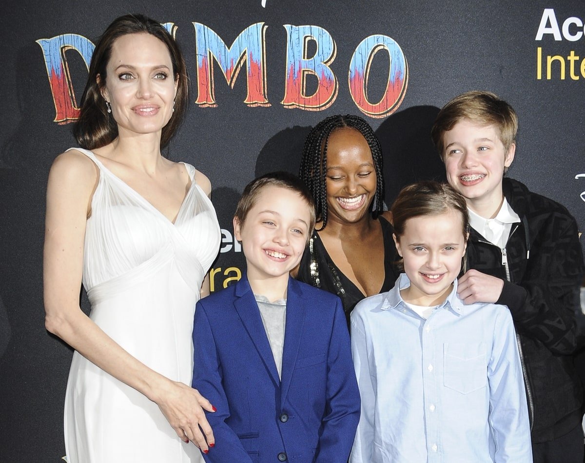 Angelina Jolie, Knox Leon Jolie-Pitt, Zahara Marley Jolie-Pitt, Vivienne Marcheline Jolie-Pitt, and Shiloh Nouvel Jolie-Pitt attend the premiere of Disney's "Dumbo"