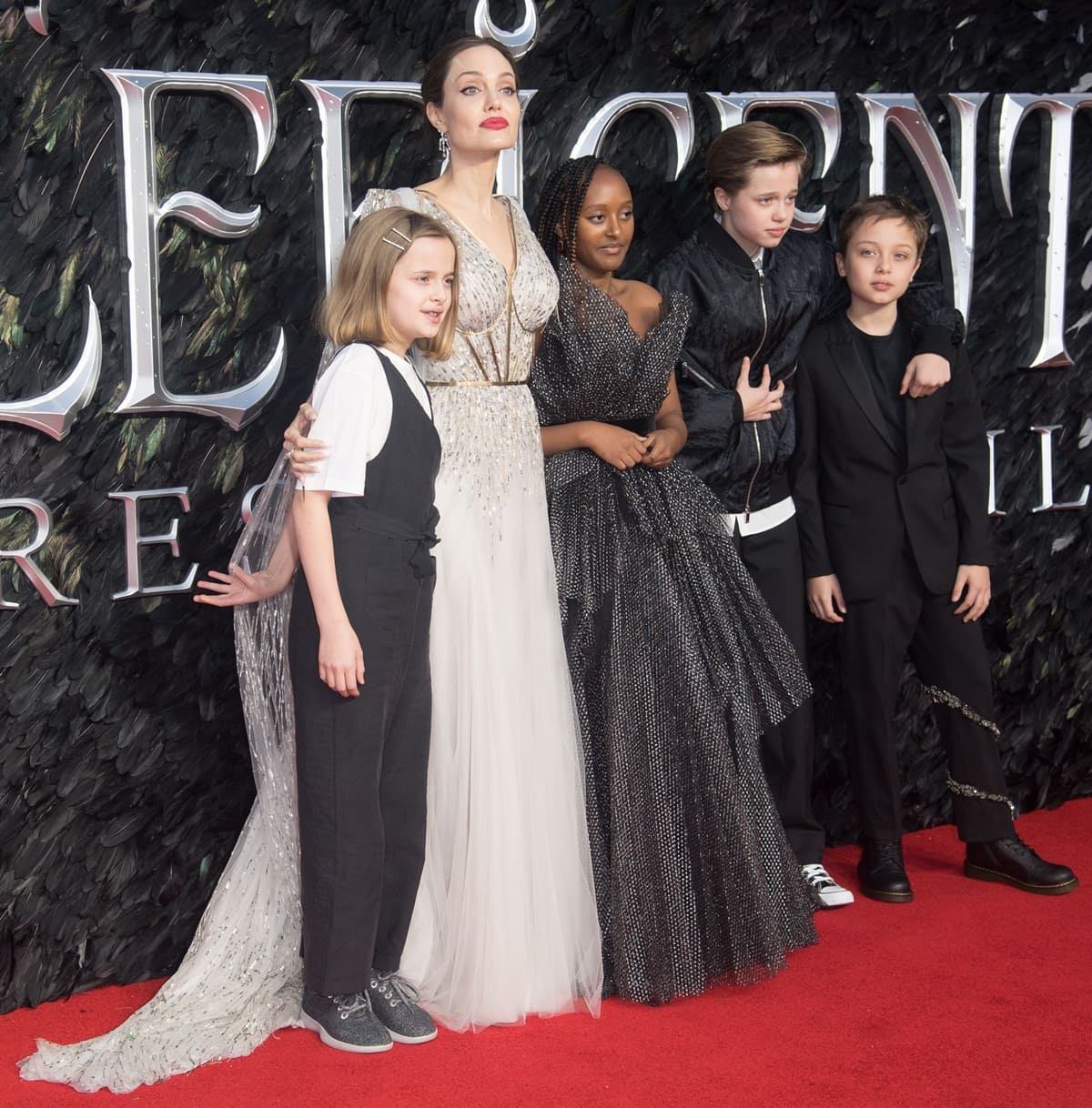 Vivienne Marcheline Jolie-Pitt, Angelina Jolie, Zahara Marley Jolie-Pitt, Shiloh Nouvel Jolie-Pitt, and Knox Jolie-Pitt attend the European premiere of "Maleficent: Mistress of Evil"