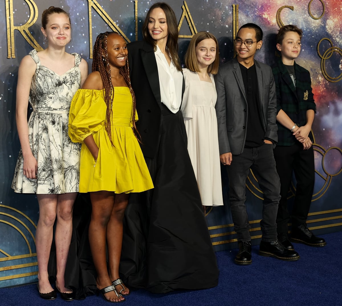 Shiloh Jolie-Pitt stunned in her mom's black-and-white print Dior dress with Zahara Jolie-Pitt, Angelina Jolie, Vivienne Jolie-Pitt, Maddox Jolie-Pitt, and Knox Jolie-Pitt at the “The Eternals” UK Premiere