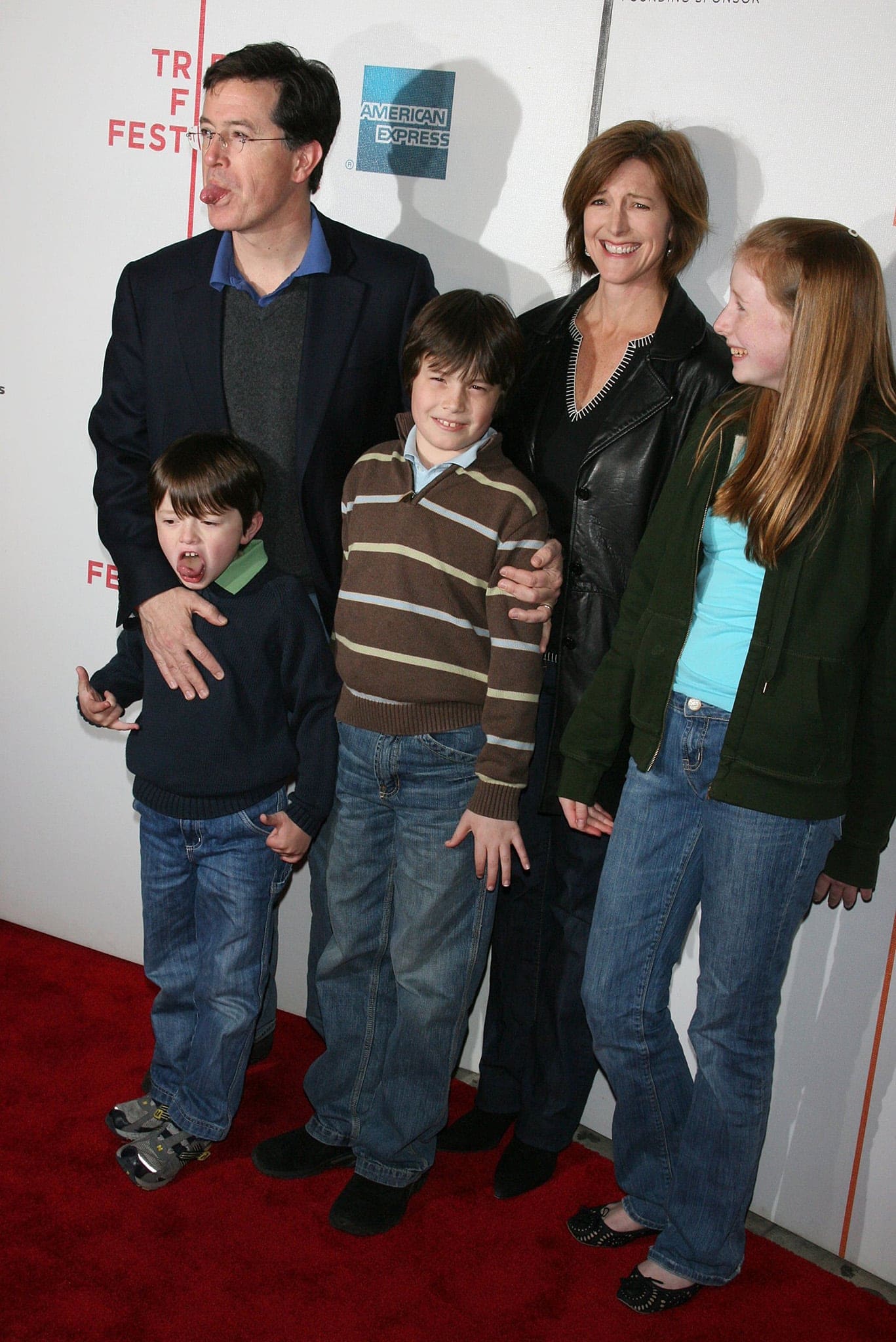 Stephen Colbert brings his family, including his wife Evelyn McGee and their three kids, at the Tribeca Film Festival 2008 premiere of Speed Racer on May 3, 2008