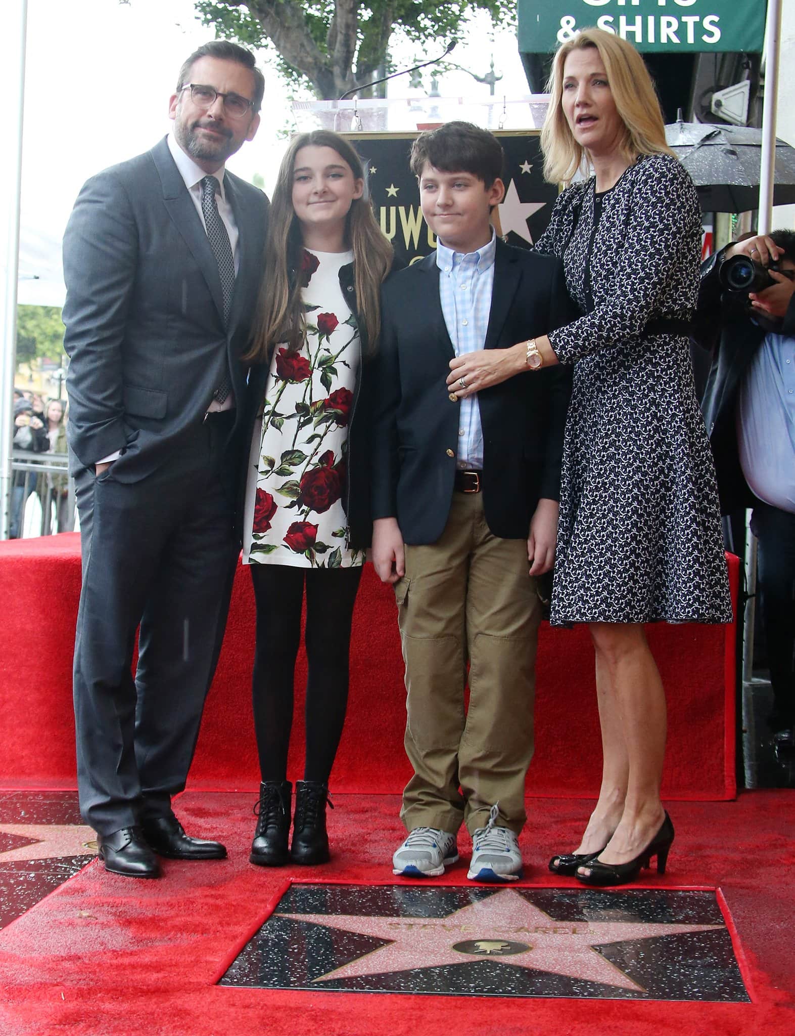 Steve Carell receives Hollywood Walk of Fame star with his kids Elisabeth Anne Carell and John Carell and wife Nancy Carell on January 6, 2016