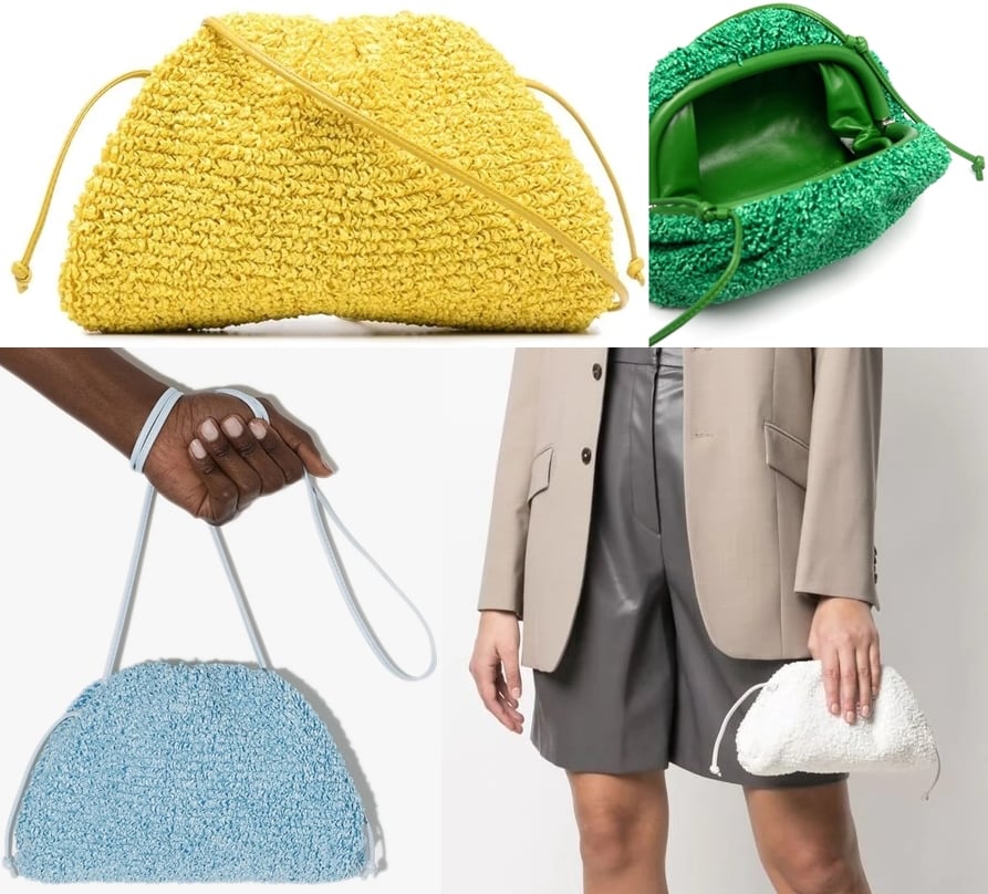 Bottega Veneta's signature Pouch clutch arrives in mustard-yellow weave, amazon-green weave, bubble-blue hue, and soft white fleece