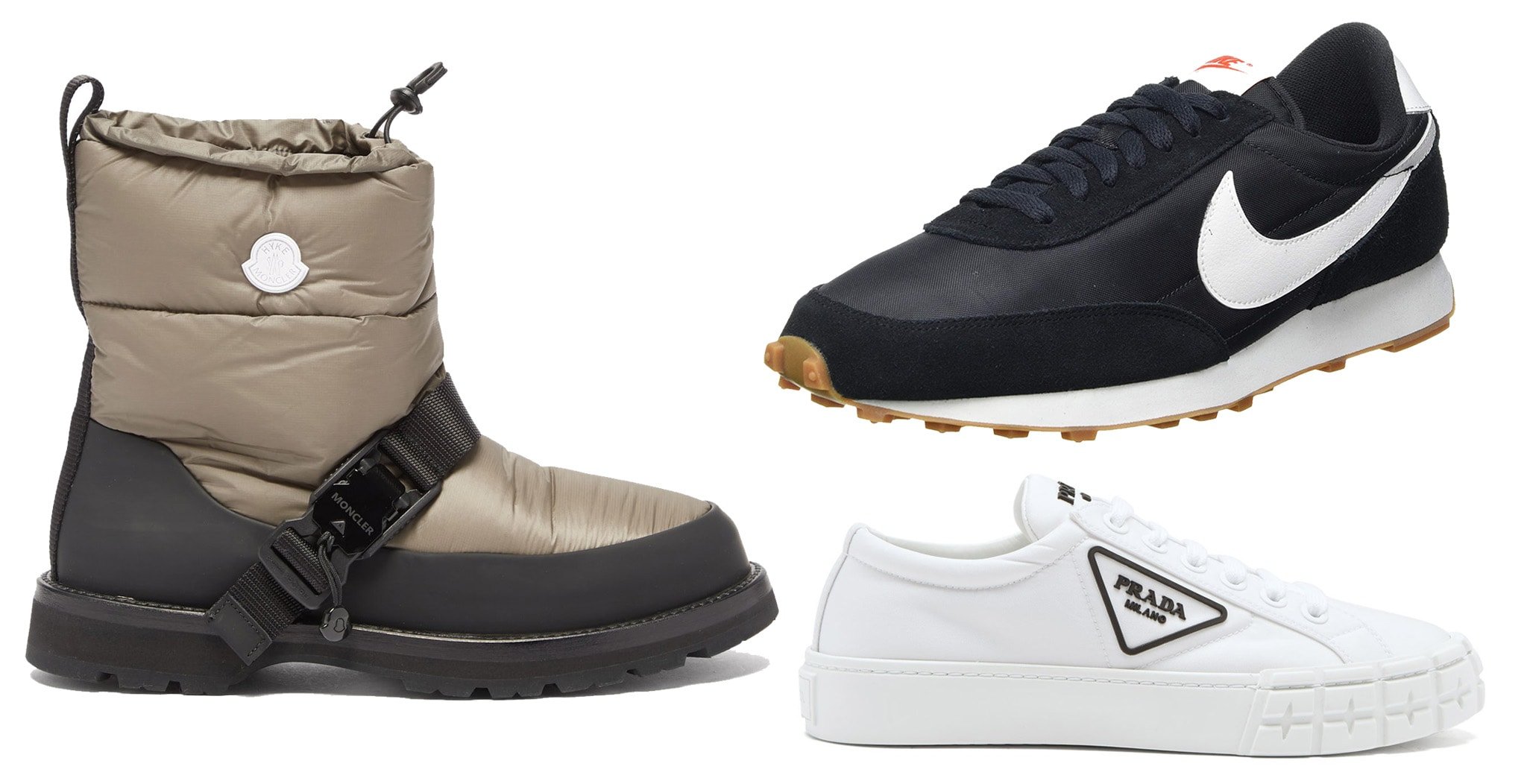 4 Moncler Hyke Mhyke short quilted-nylon snow boots, Nike Stroke running shoes, Prada Wheel Re-Nylon trainers
