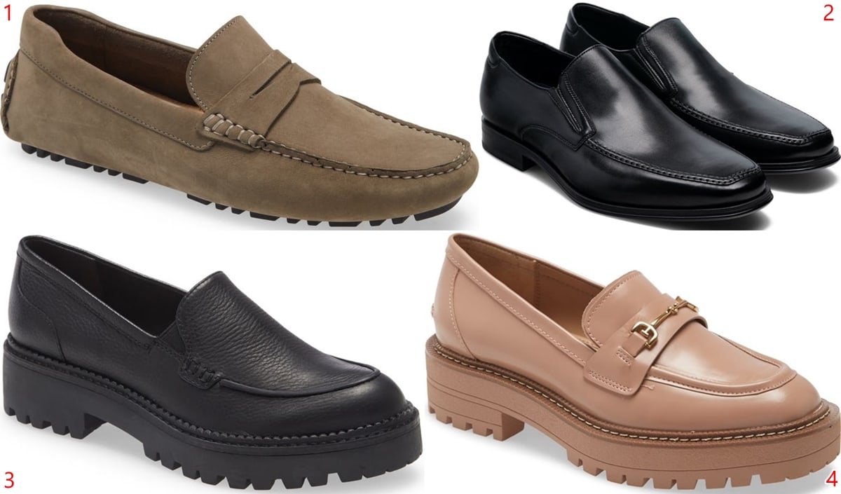 1. Grey Nubuck Driving Loafer / 2. Clean-Cut Spanish Loafer / 3. Sophisticated Desk-to-Dinner Loafer / 4. Classic Platform Loafer