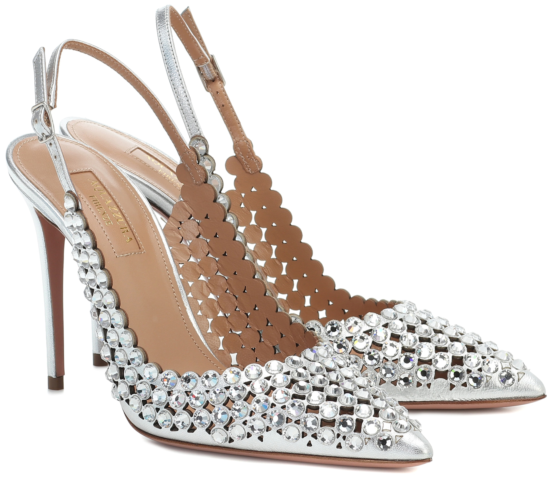 The Aquazzura Tequila pumps are made from silver lamb leather and feature light-catching crystals all over