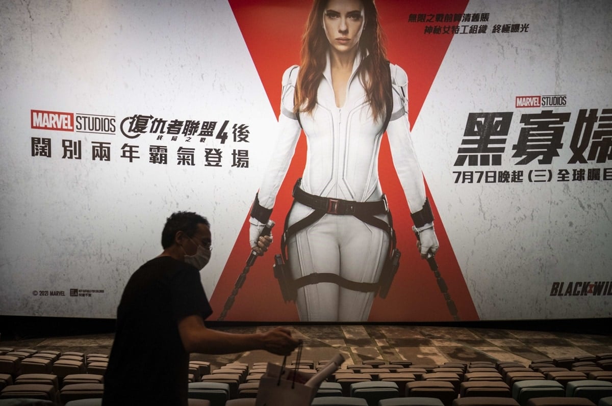 Movie banner for the screening of Black Widow, played by Scarlett Johansson, at a movie theater in Hong Kong