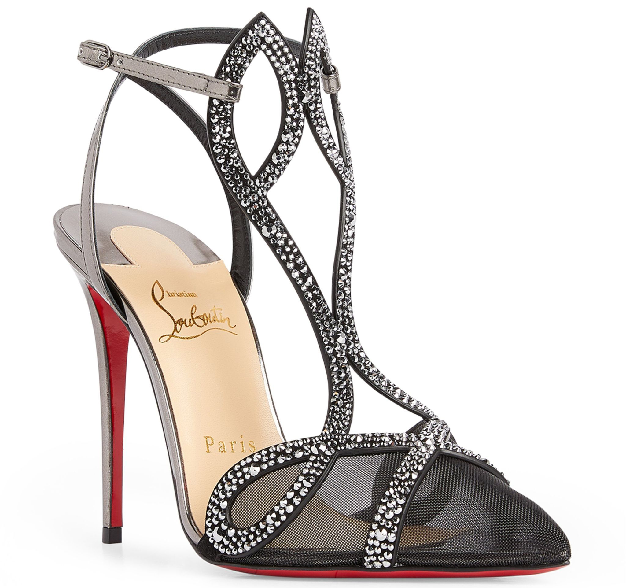 These Christian Louboutin pumps are defined by the double L straps adorned with sparkling strass crystals