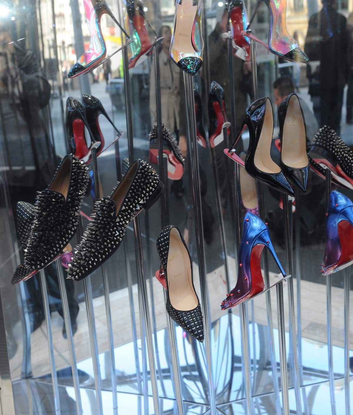 Red sole Christian Louboutin shoes on display at one of his boutiques