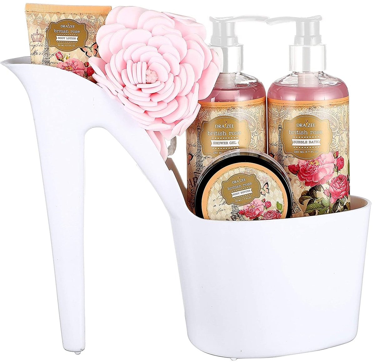 This stunning bath gift set includes 4 amazing rose scented bathing essentials and a rose-shaped bath puff