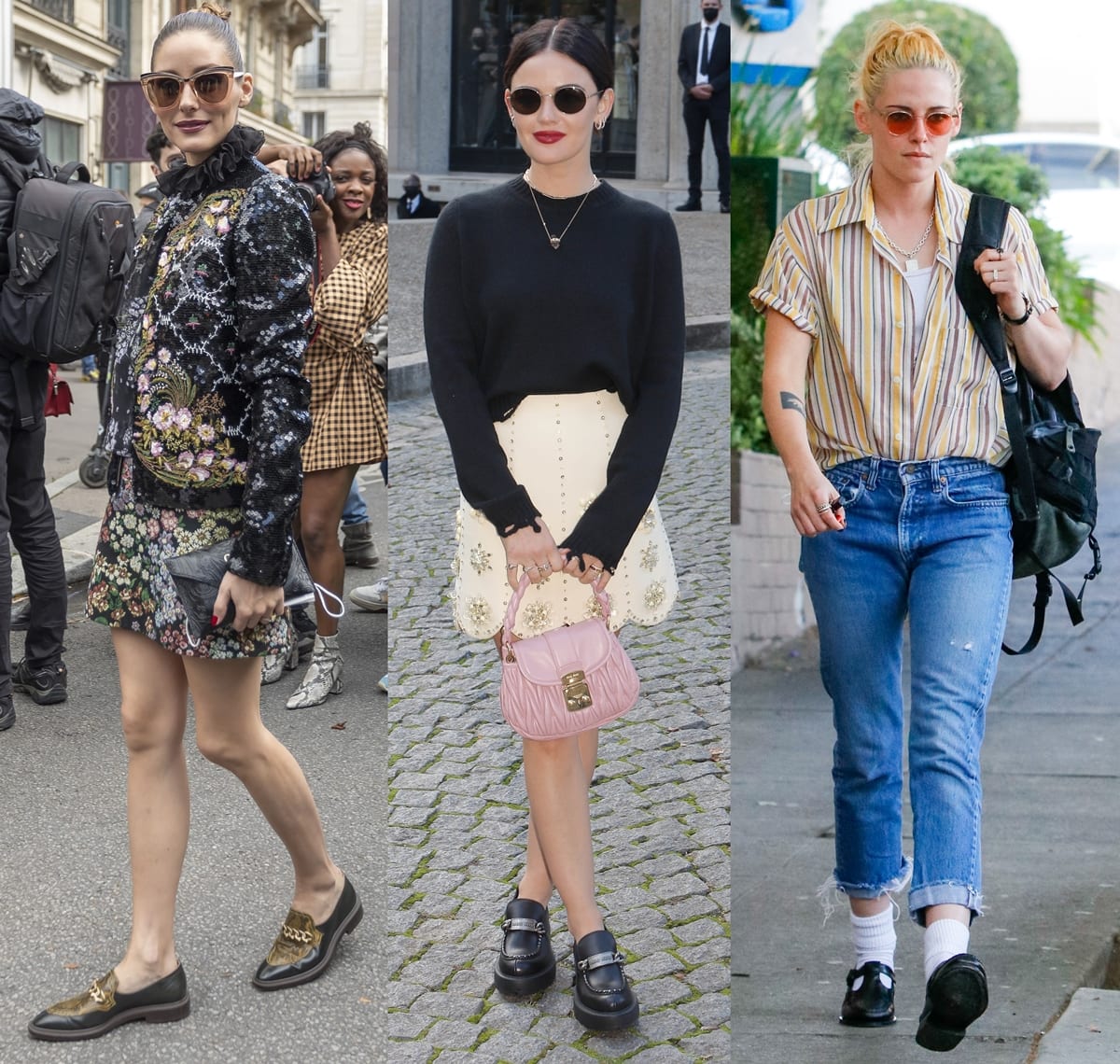 Olivia Palermo wears Fratelli Rossetti loafers with a floral Giambattista Valli skirt and jacket, Lucy Hale wears black Miu Miu platform loafers with a skirt and cardigan, and Kristen Stewart wears Hereu side-buckle detail loafers with jeans