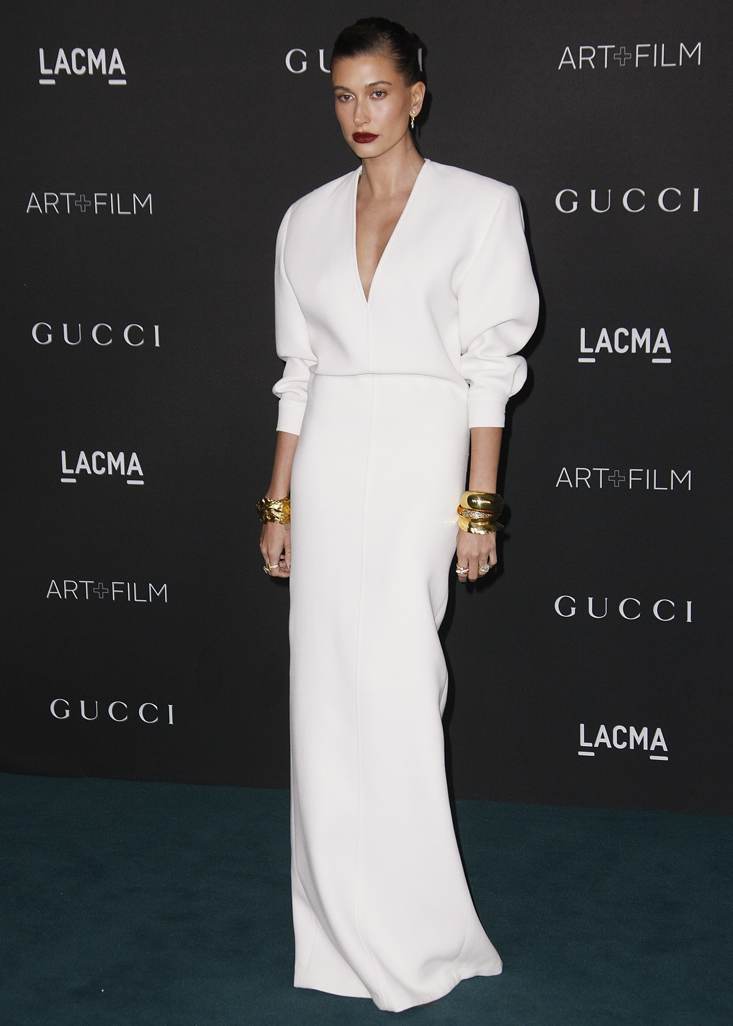 Hailey Bieber opts for modern elegance in a white structured Saint Laurent Spring 2022 gown