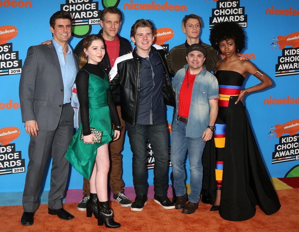 Henry Danger's cast members Cooper Barnes, Ella Anderson, Jeffrey Nicholas Brown, Michael Cohen, Jace Norman, Sean Ryan Fox, and Riele Downs attend Nickelodeon's 2018 Kids' Choice Awards