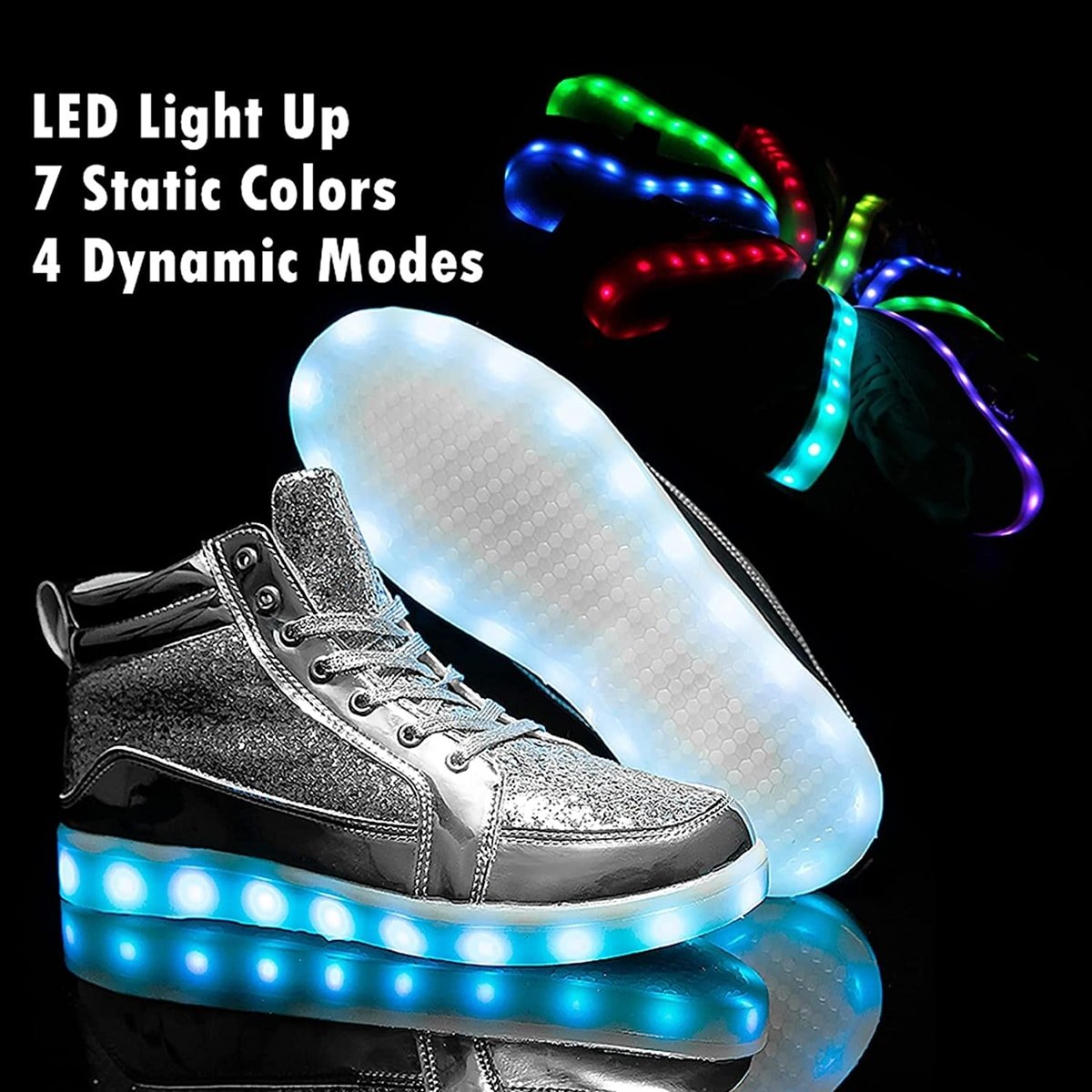Aizeroth-UK LED Light up Trainers 7 Colors Luminous Flashing USB Charge Breathable Sport Running Shoes High Top Dancing Gymnastic Tennis Sneakers Best Gift for Boys and Girls Birthday White 