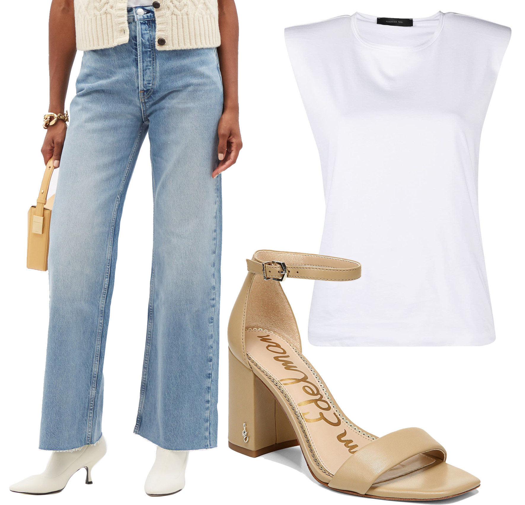 Retro chic meets modern flair: Re/Done 70s ultra high rise wide-leg jeans with Sam Edelman ankle strap sandals and a Federica Tosi vest boasting statement shoulder pads for a bold, fashionable statement
