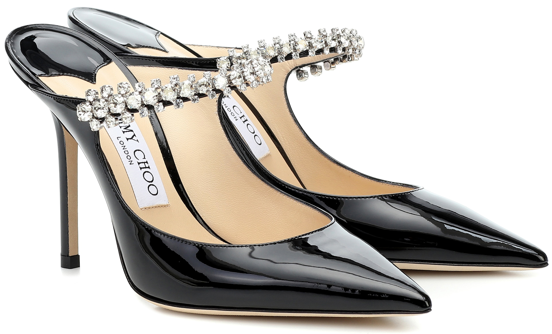 Jimmy Choo's Bing mules fuse sophistication and femininity with crystal-embellished straps and patent leather uppers