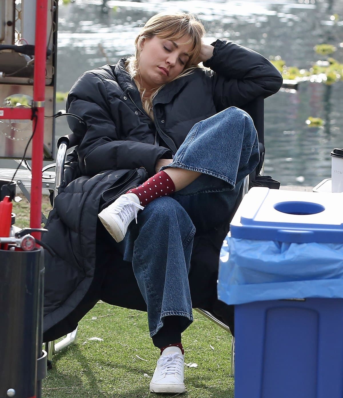 Kaley Cuoco sleeping on the set of The Flight Attendant