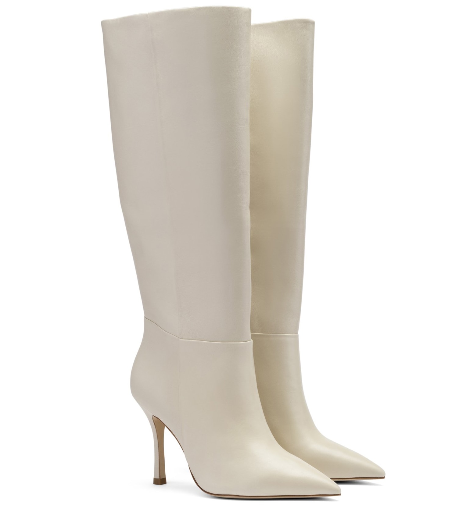 Handcrafted in Brazil from ivory leather, the Larroude Kate knee-high boots feature pointy toes and stiletto heels