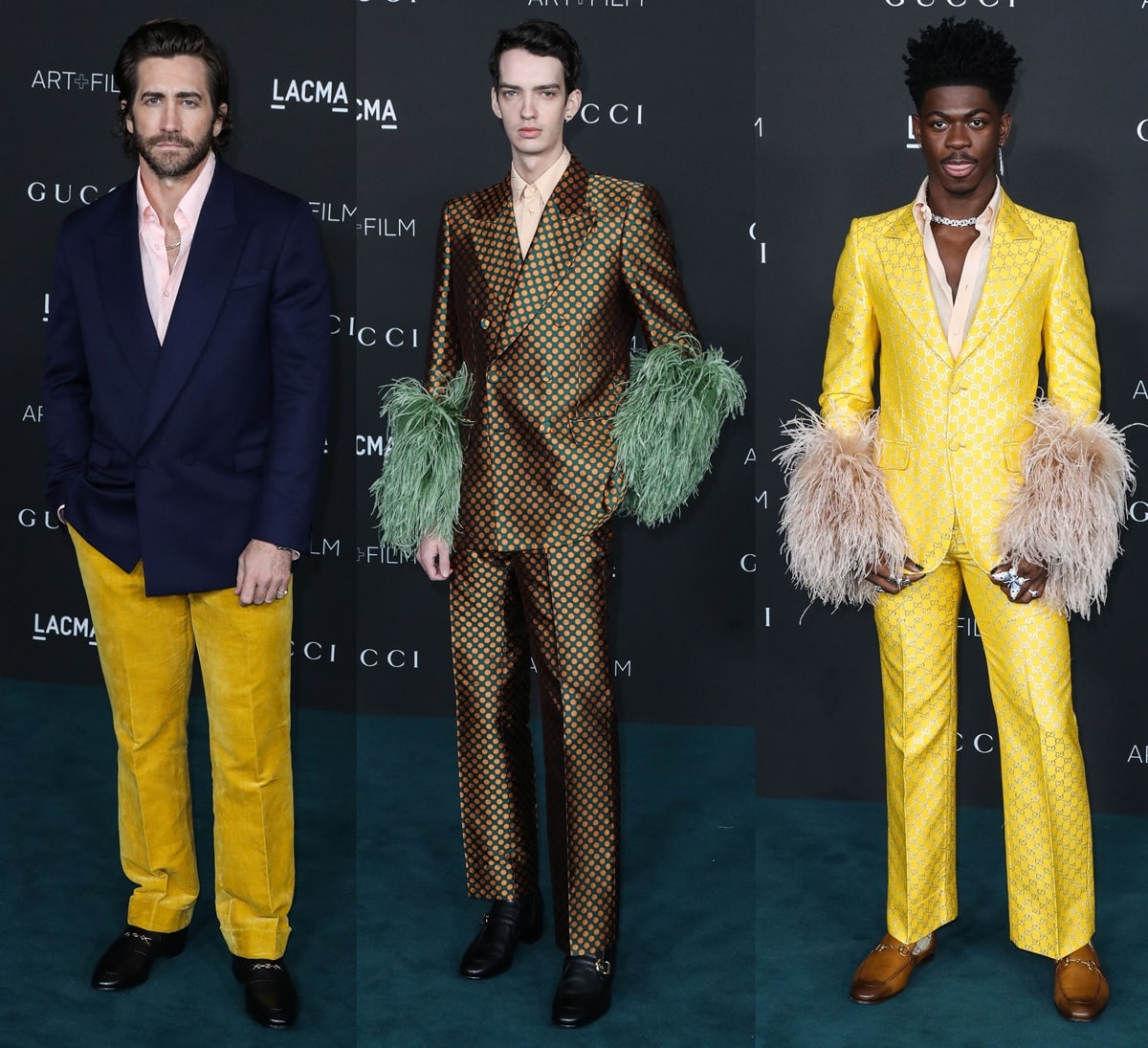 Jake Gyllenhaal, Kodi Smit-McPhee, and Lil Nas X in loafers and Gucci suits