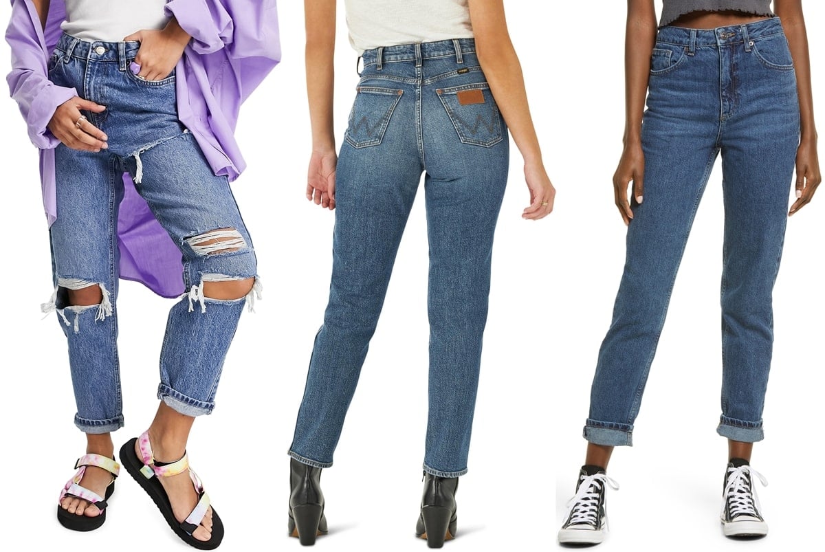 Mom jeans paired with sandals, ankle boots, and sneakers