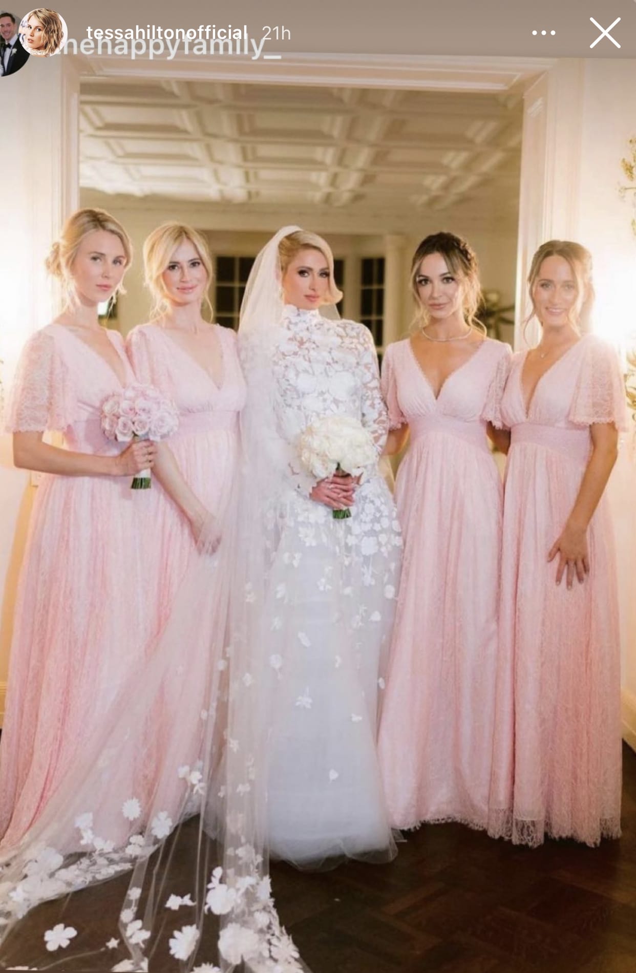 Paris Hilton's bridesmaids in pink Alice + Olivia lace dresses