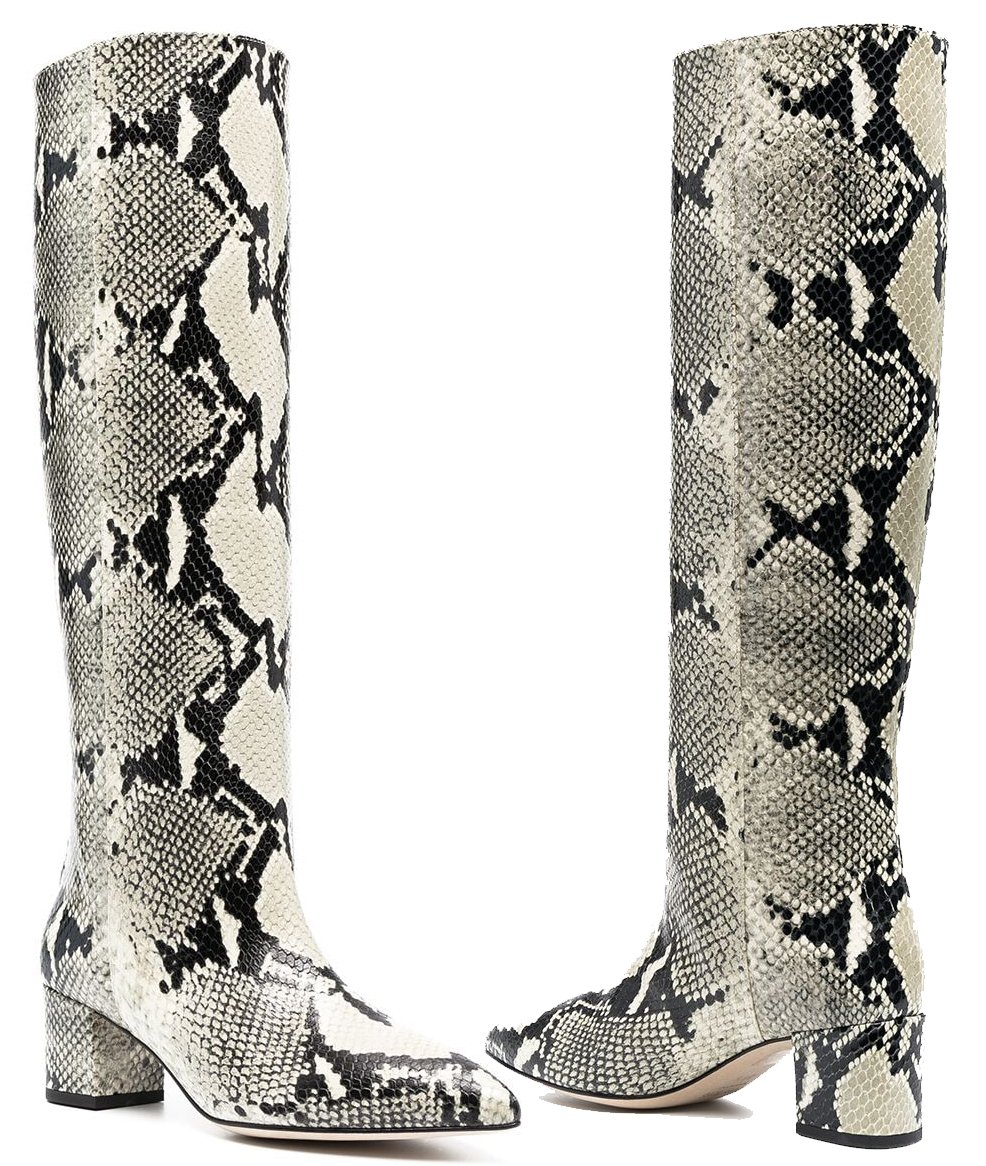 These Paris Texas knee-high boots boast snakeskin-effect leather and short block heels