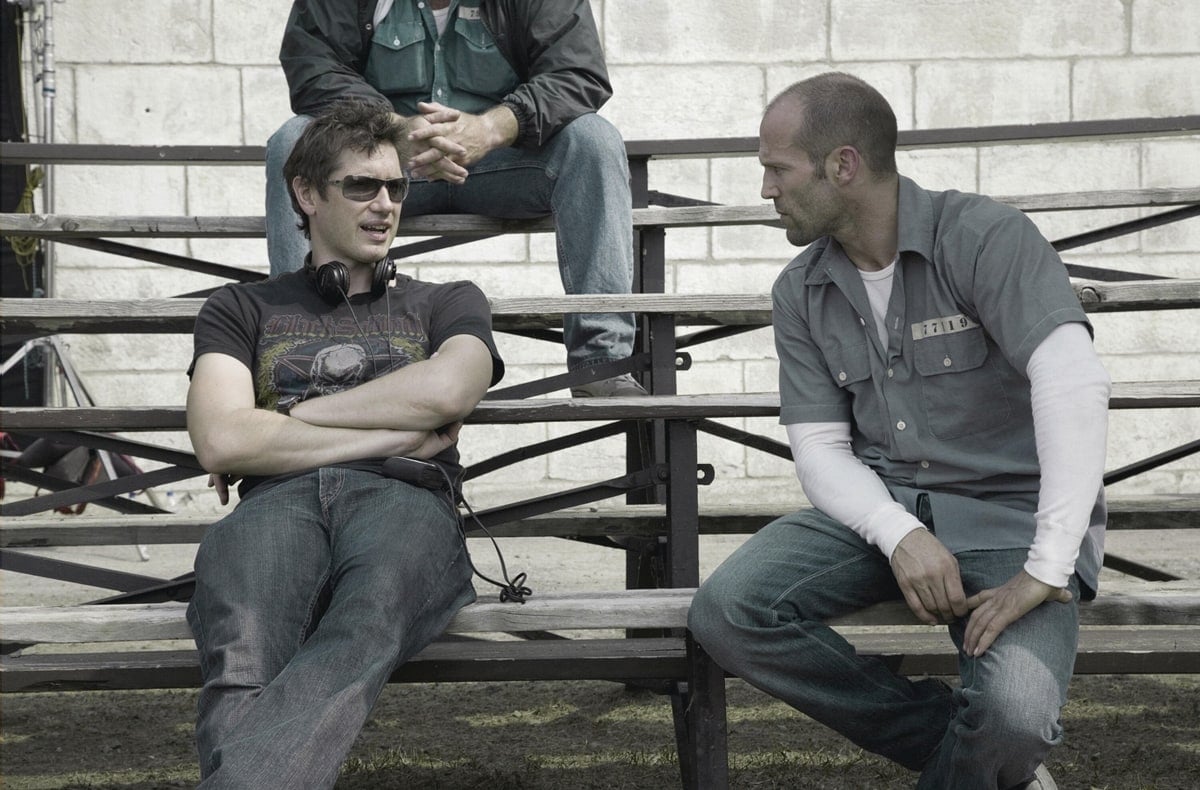 Director Paul W.S. Anderson and Jason Statham on the set of the 2008 American dystopian action thriller film Death Race