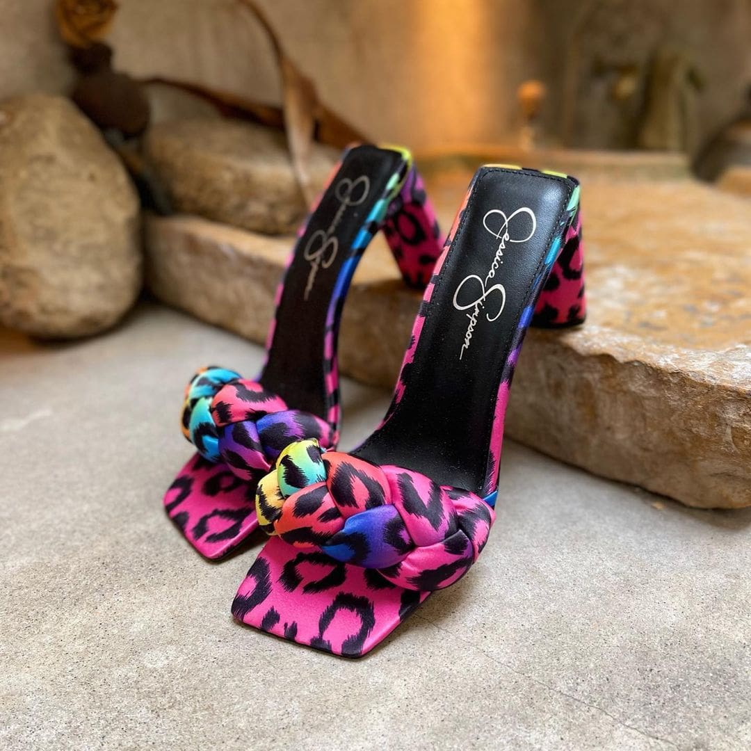 Jessica Simpson's rainbow leopard print Sassia high heel slides with braided front