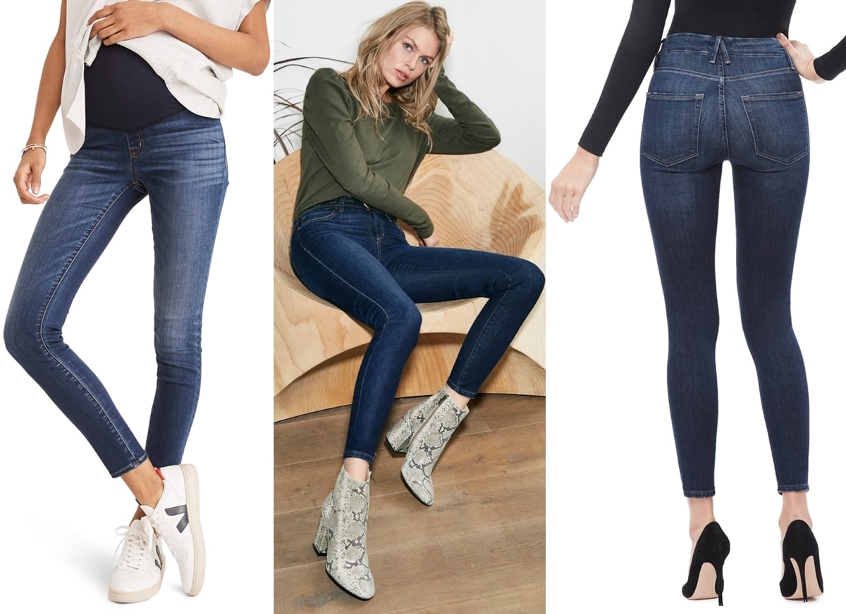 Skinny jeans paired with sneakers, ankle boots, and high heel pumps