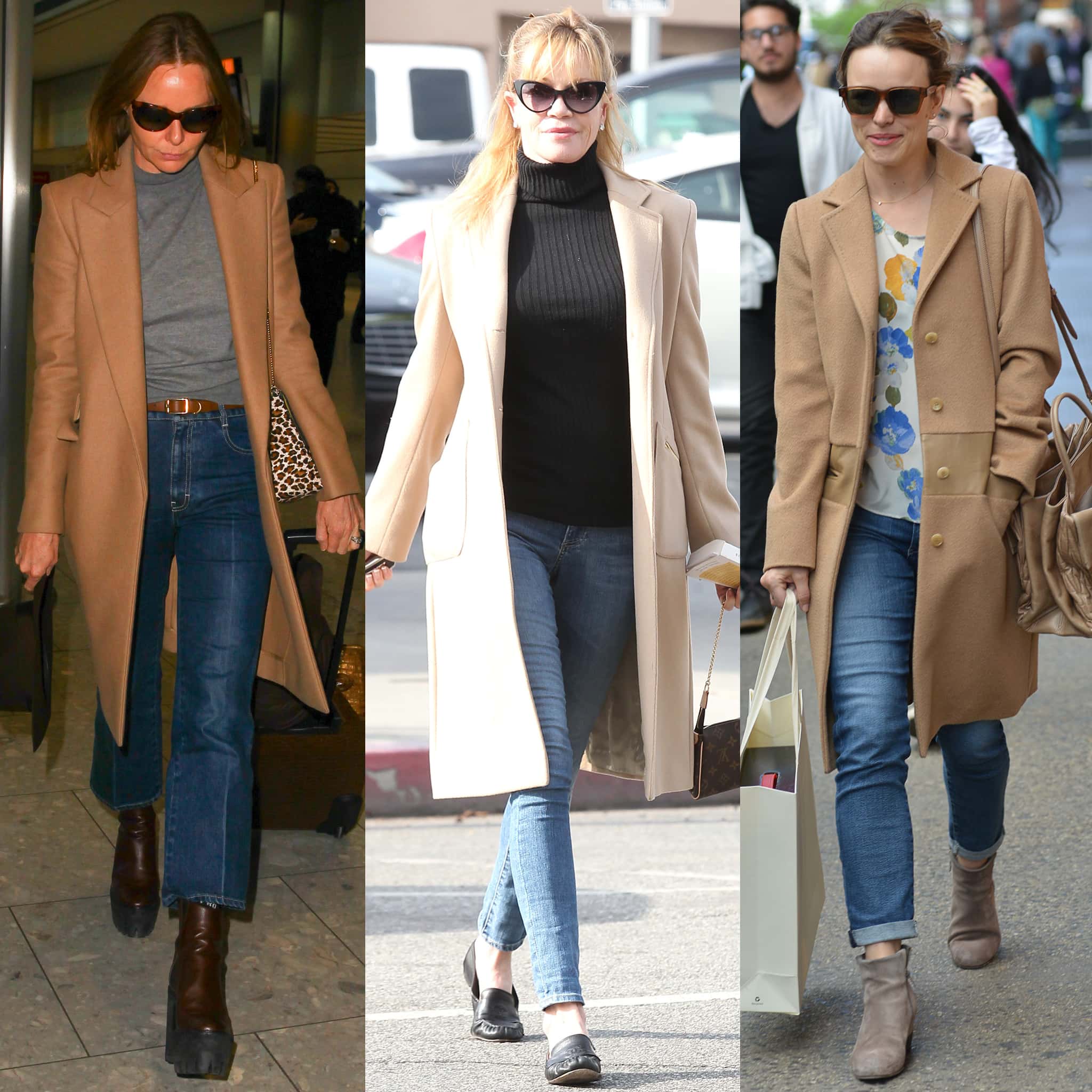 Stella McCartney, Melanie Griffith, and Rachel McAdams pair their chic camel coats with classic denim jeans