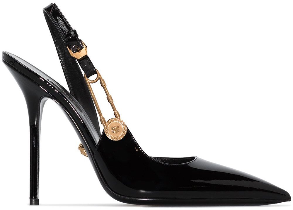 Versace's Safety Pin pump features the Medusa logo detail on the gold-tone safety pin accent on one side