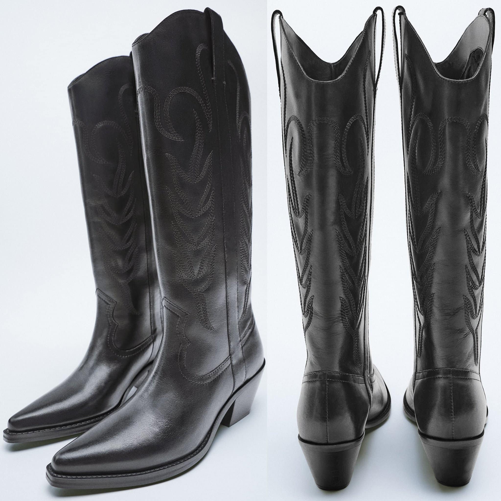 Zara's cowboy boots feature a classic design with tonal western stitching and side pull tabs