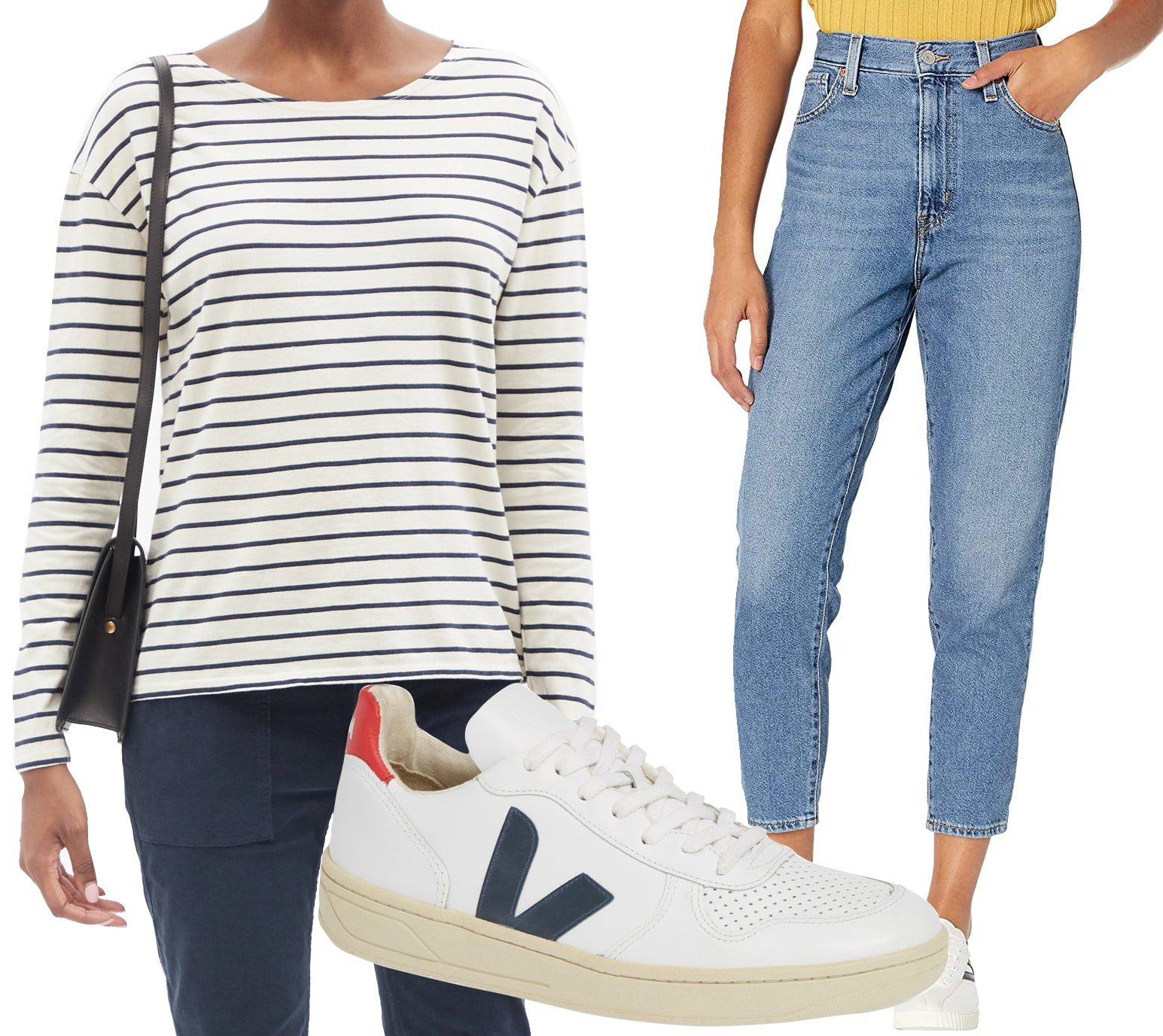 This effortlessly stylish look features a classic striped top, high-waisted mom jeans, and Veja sneakers, creating the perfect casual-chic ensemble