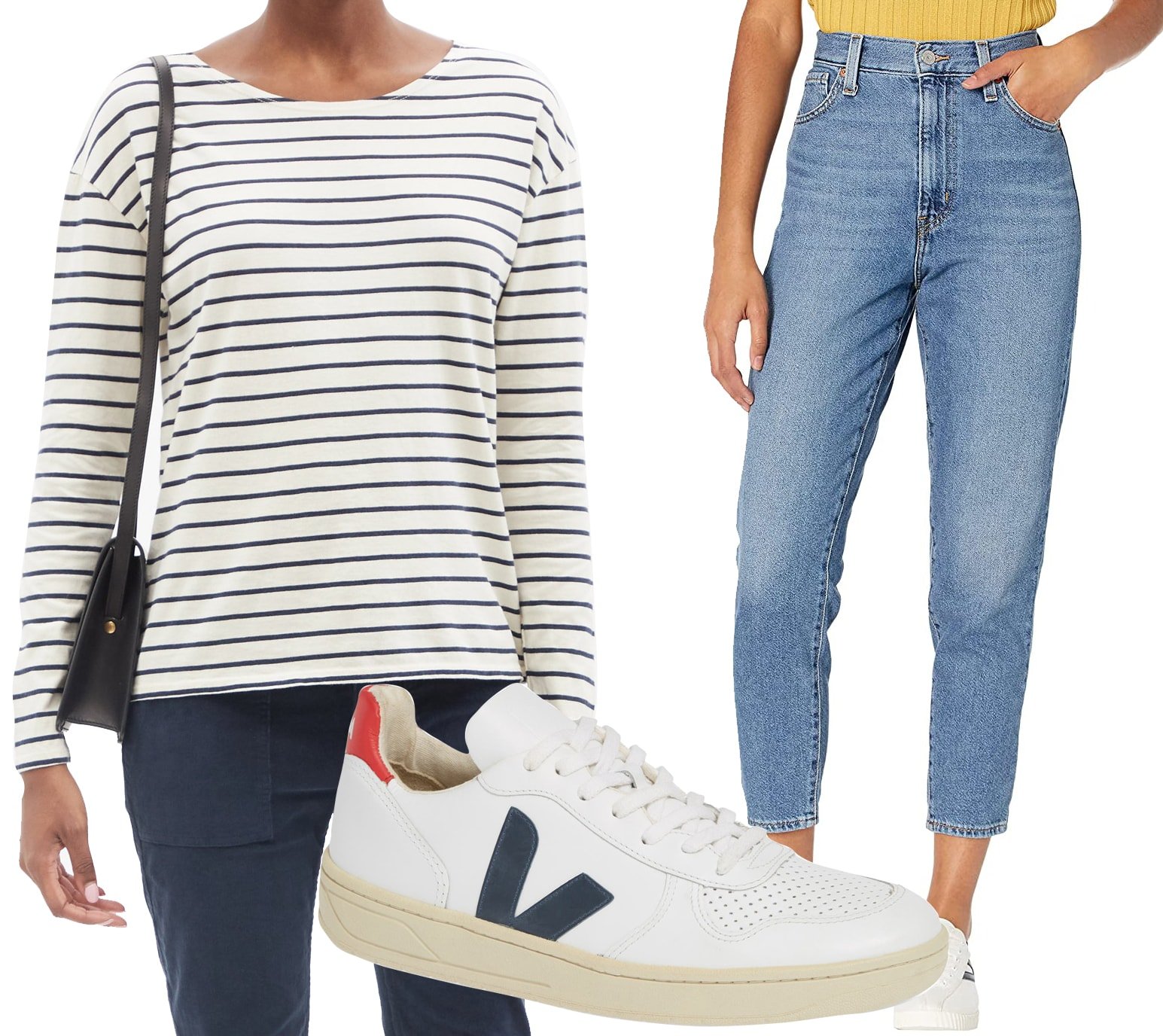 Nili Lotan Arlette Striped Cotton-Jersey Top, Levi's Womens's High-Waisted Taper Jeans, Veja V-10 Sneakers