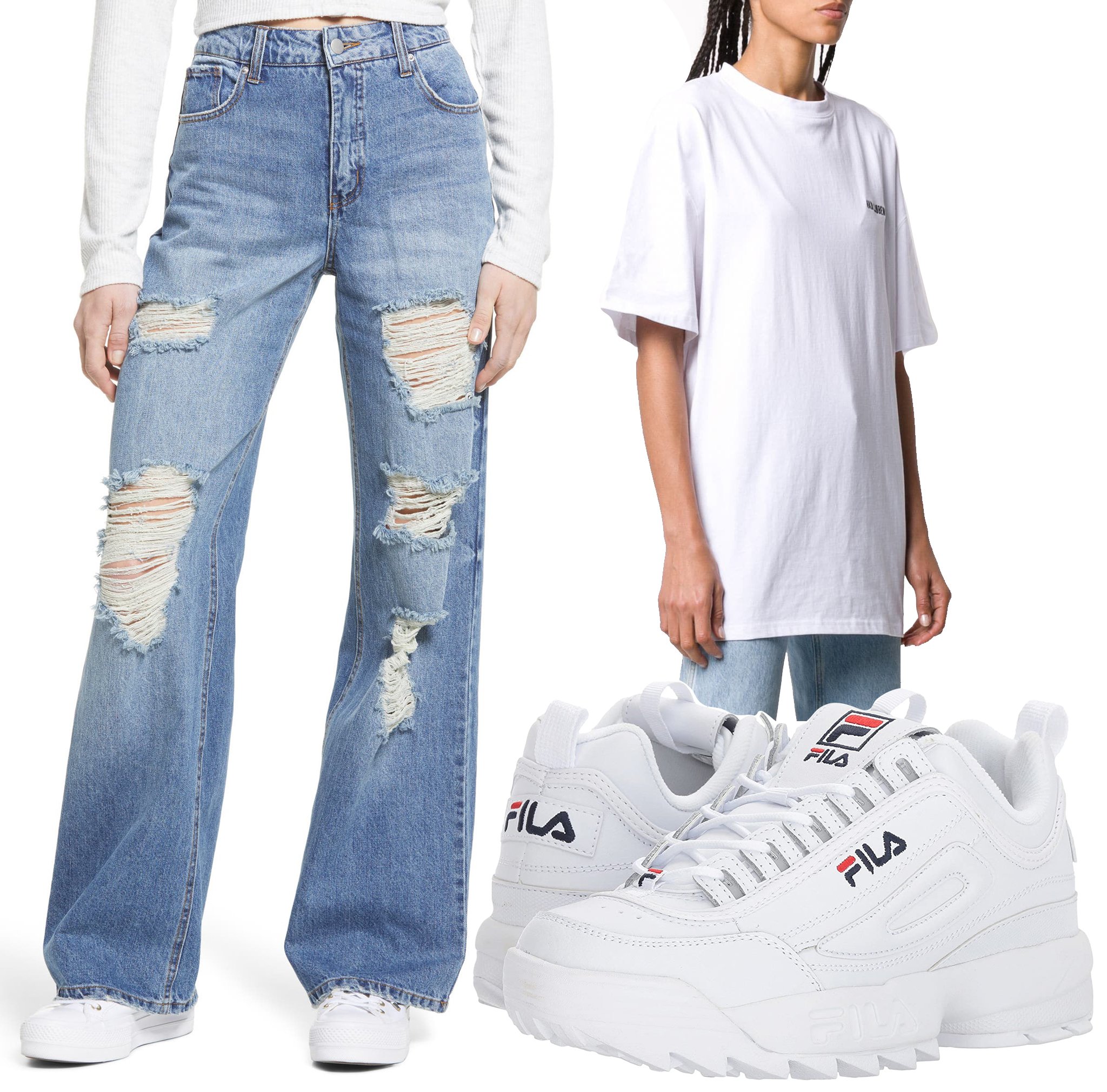 Relaxed and rugged: Destroyed high-waist jeans with an oversized tee and chunky sneakers