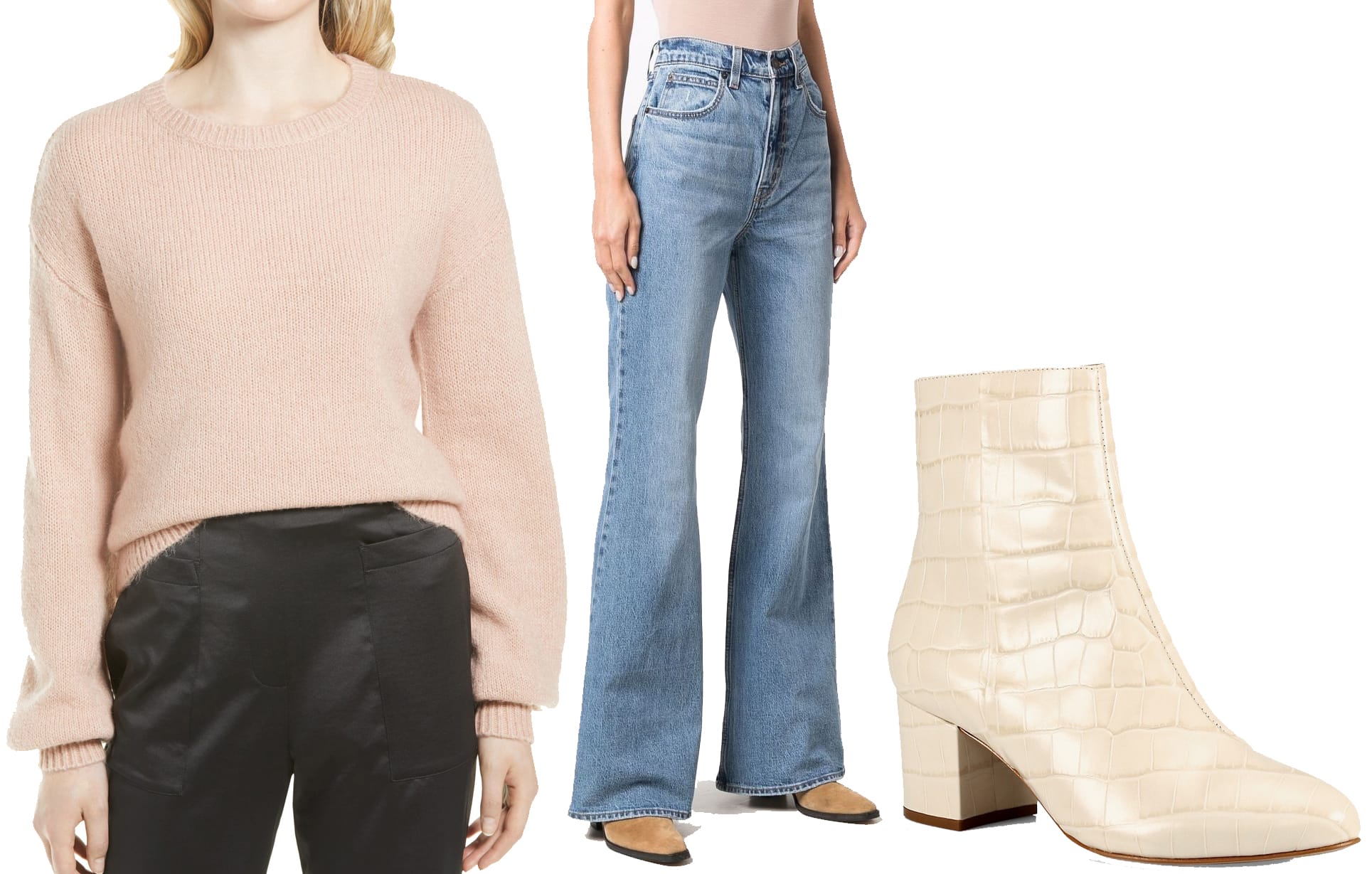 Halogen Cozy Crewneck Sweater, Levi's Flared High-Rise Jeans, Schutz Lupe Croc-Embossed Leather Booties