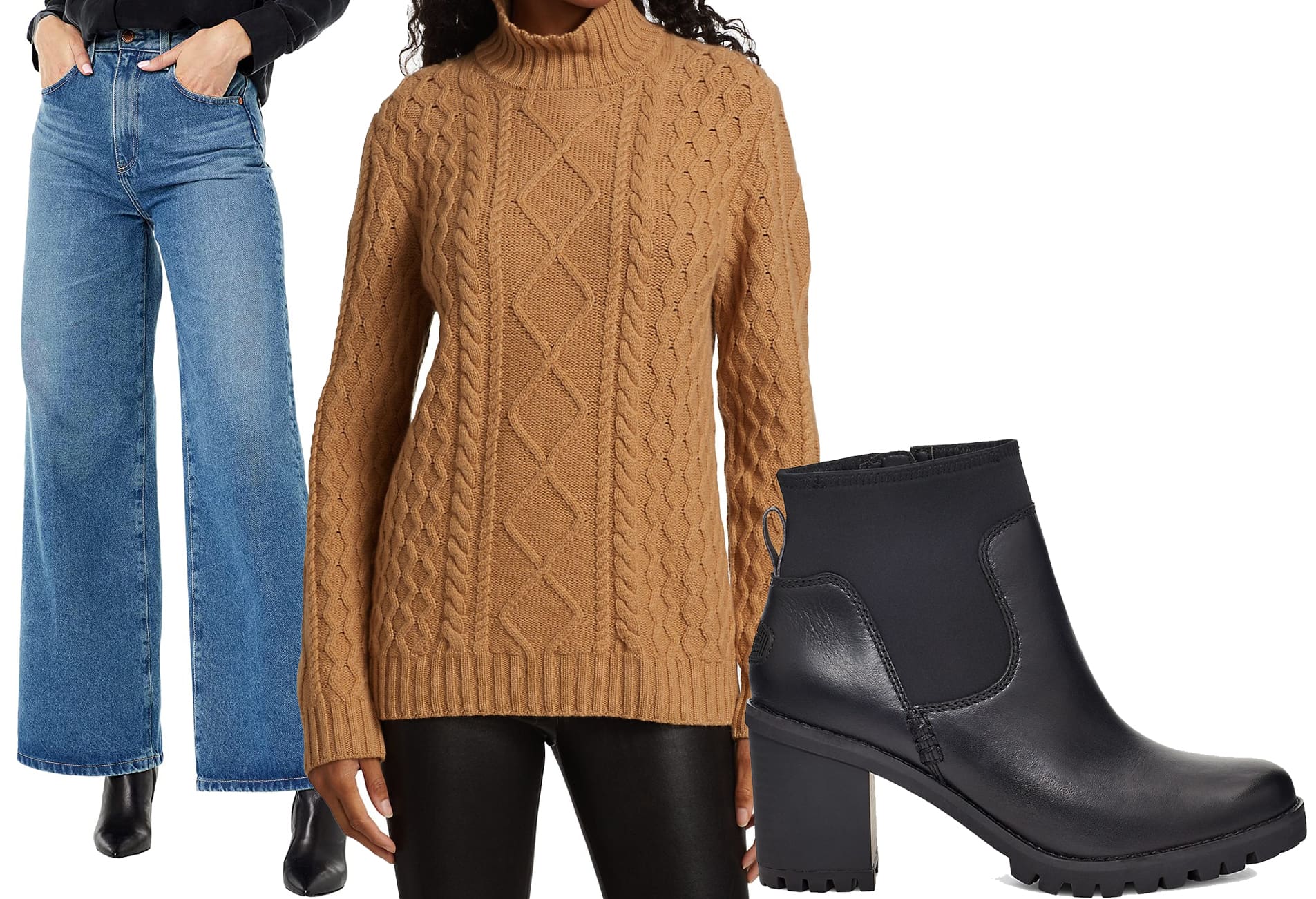 Cozy yet chic: AG Adriano Goldschmied high-rise ultra wide leg jeans paired with a plush Saks Fifth Avenue cable-knit wool-cashmere fisherman sweater and UGG waterproof leather boots for a stylish, weather-ready look