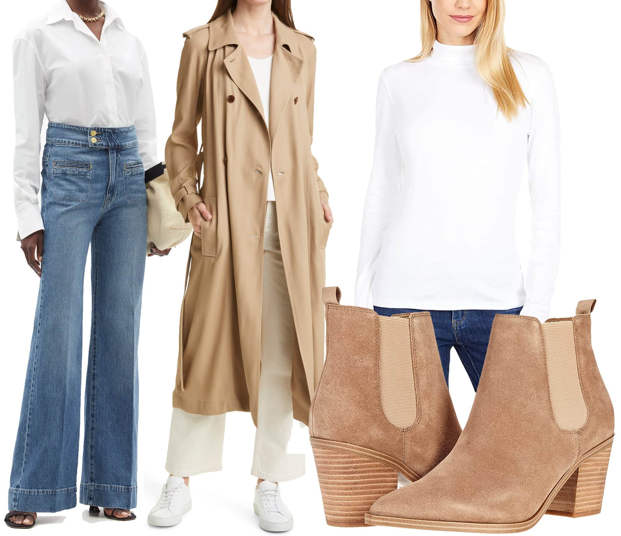 Layered elegance: Frame Le Hardy high-rise wide-leg jeans paired with a Boss trench coat, a Lilla P ribbed turtleneck, and Nine West boots for a polished ensemble