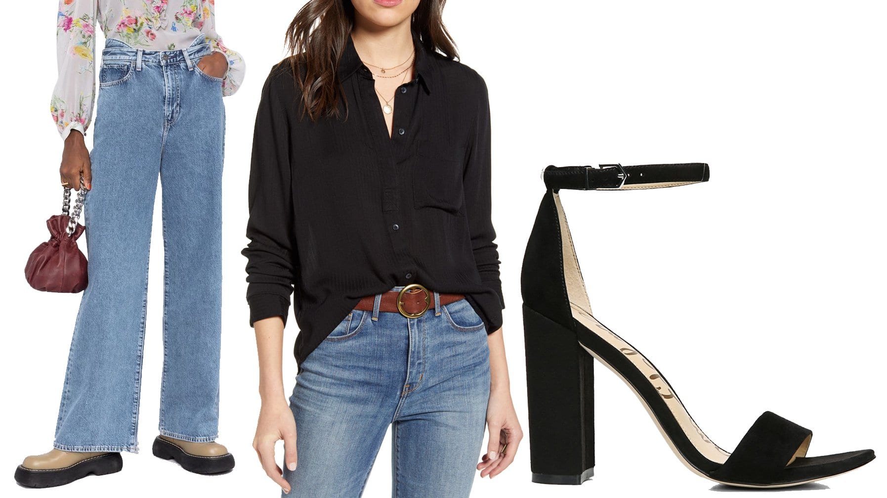 Elevated simplicity: Wide-leg jeans complemented by a classic dobby shirt and suede sandals