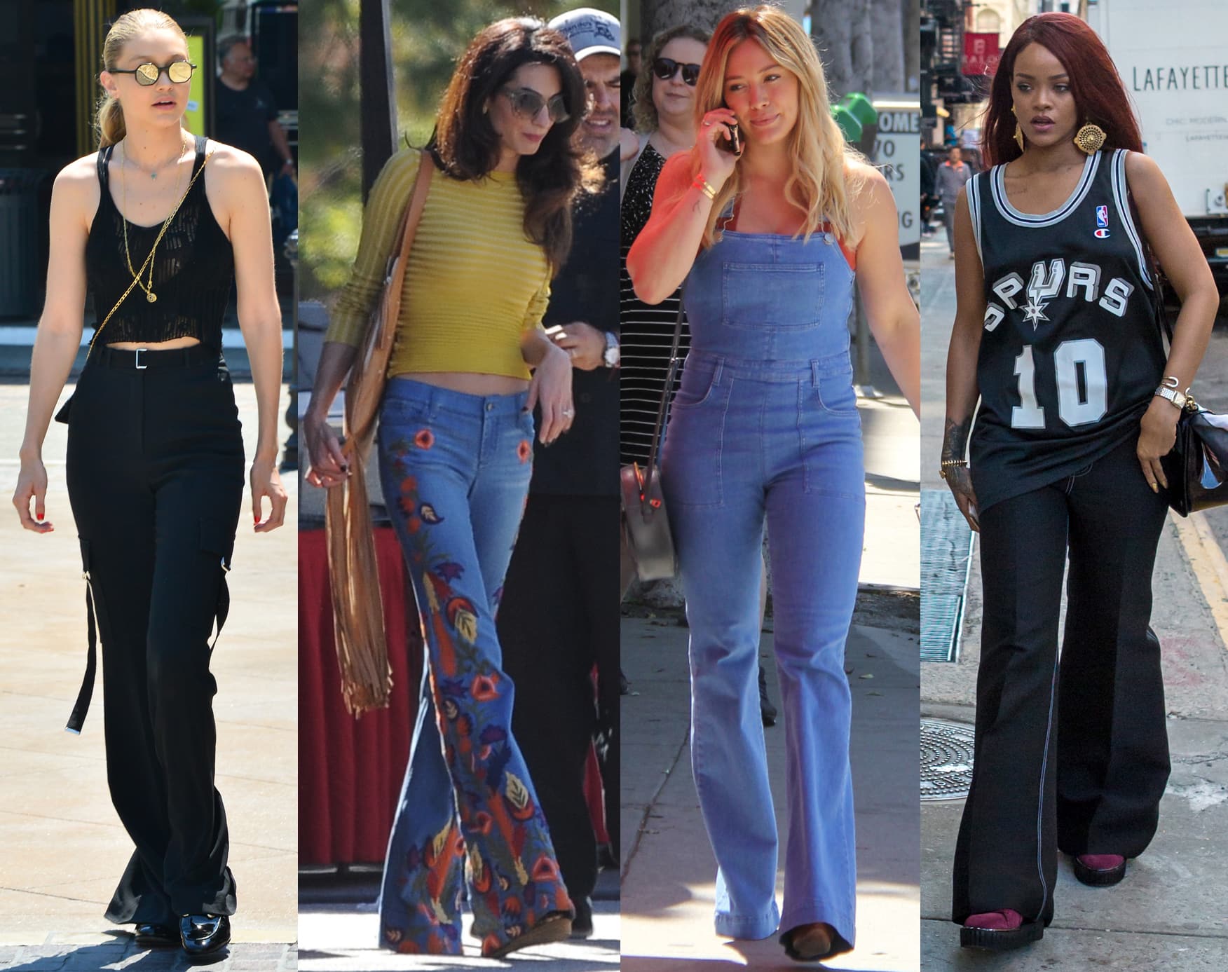 Gigi Hadid, Amal Alamuddin, Hilary Duff, and Rihanna show how they style their flared or bell-bottom jeans