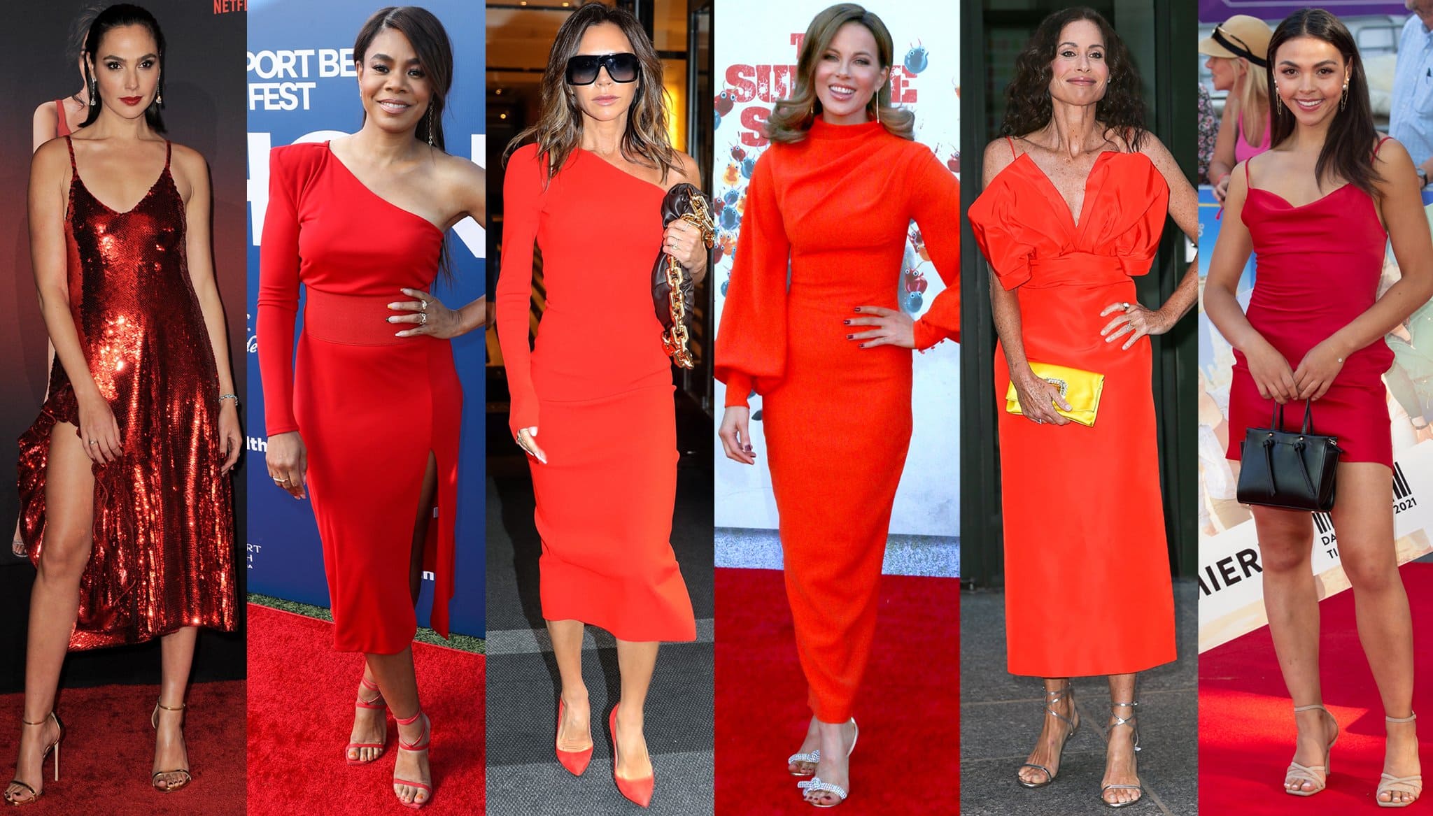 Gal Gadot, Regina Hall, Victoria Beckham, Kate Beckinsale, Minnie Driver, and Vanessa Bauer show what shoe color to wear with red dresses