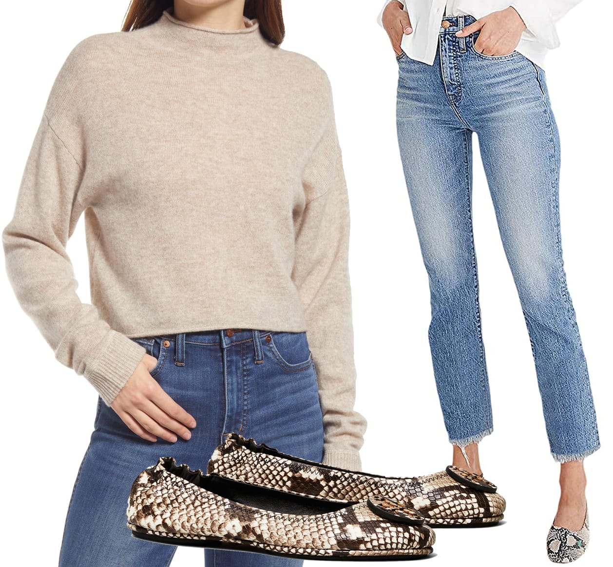 This chic and cozy ensemble features high-waisted mom jeans, a soft beige sweater, and stylish snake-print ballet flats, perfect for a sophisticated casual look