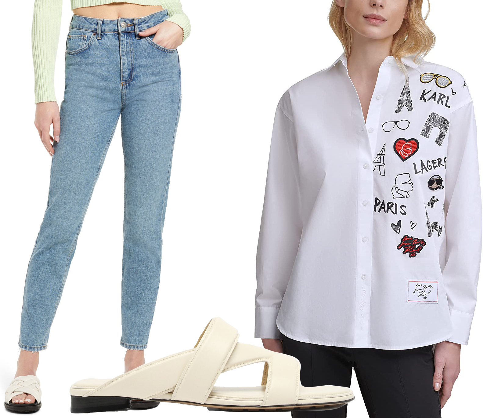 BDG Urban Outfitters High-Waist Mom Jeans, Karl Lagerfeld White Shirt Scenic Logo, Bottega Veneta Crossover-Strap Leather Slides