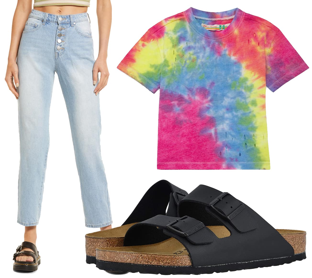 BP. High Waist Button Fly Mom Jeans, Vintage Havana Girl's Tie-Dye Print Cropped T-Shirt, Birkenstock Arizona Birko-Flor