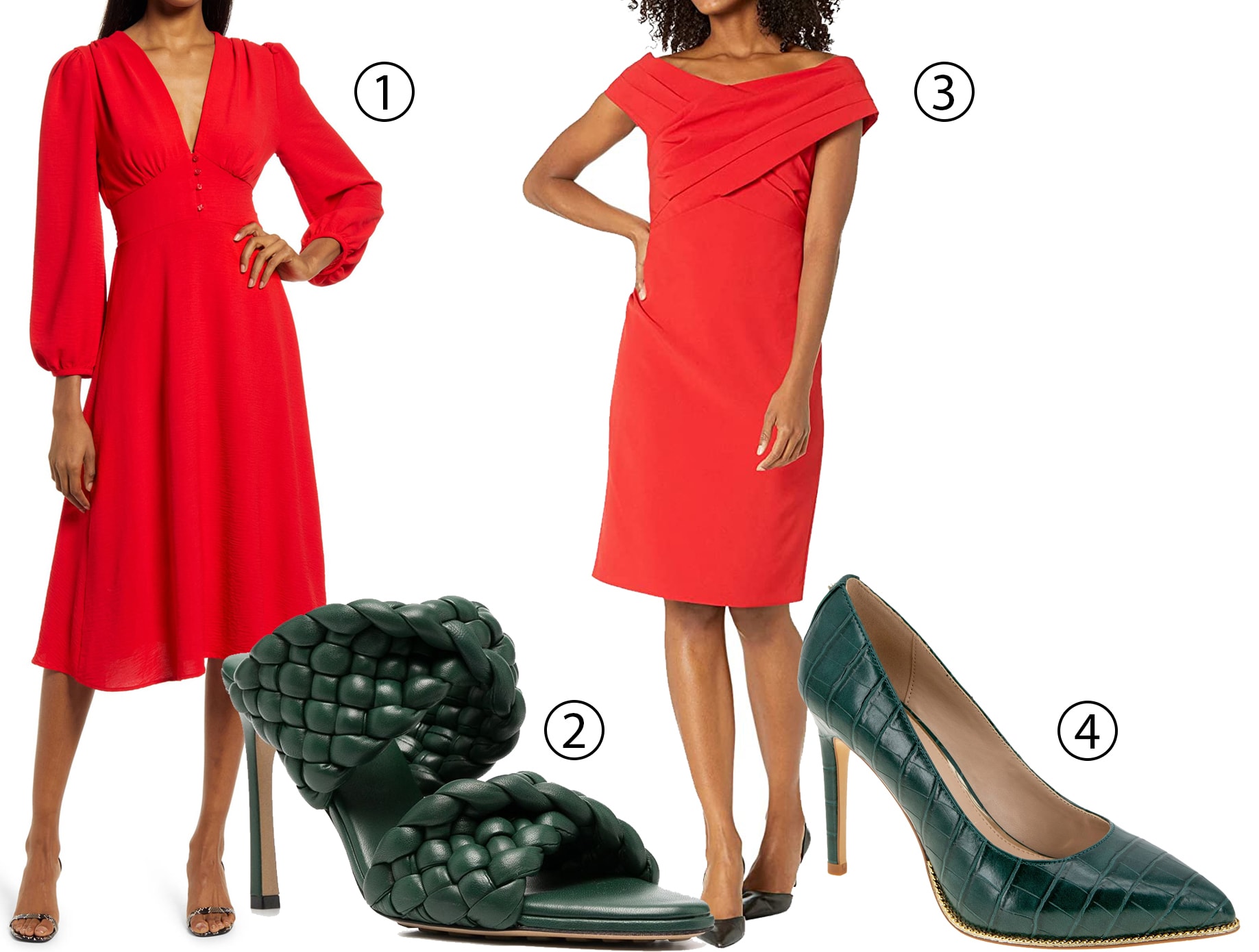 1. Fraiche By J Empire Waist Long Sleeve Dress, 2. Bottega Veneta BV Curve Sandals, 3. Lauren Ralph Lauren Crepe Off-the-Shoulder Cocktail Dress, 4. BCBGeneration Hallix Croc Embossed Pump