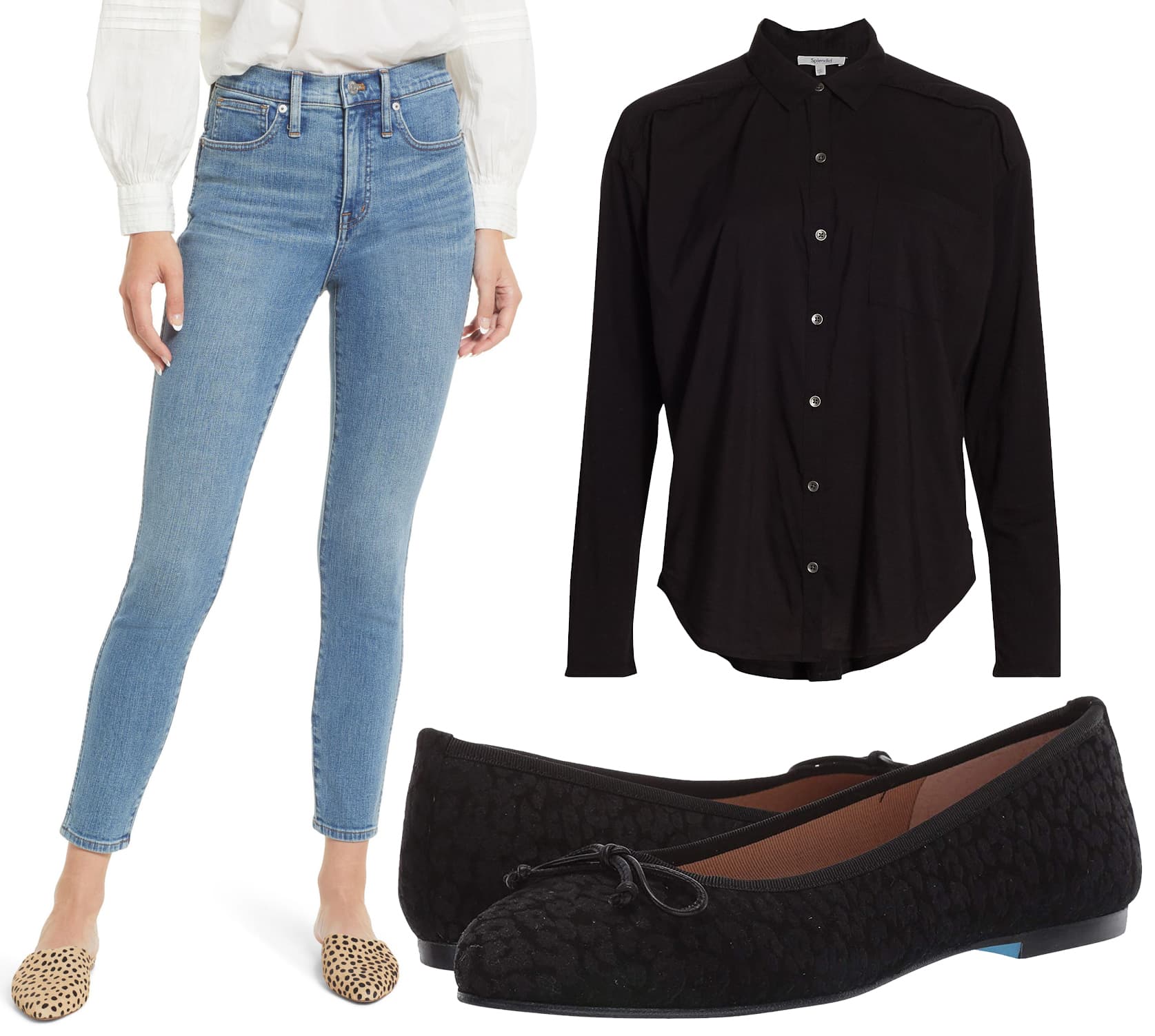 Madewell 10-Inch High Waist Skinny Jeans, Splendid Paige Button-Up Shirt, French Sole x Nicky Hilton Paris Flats