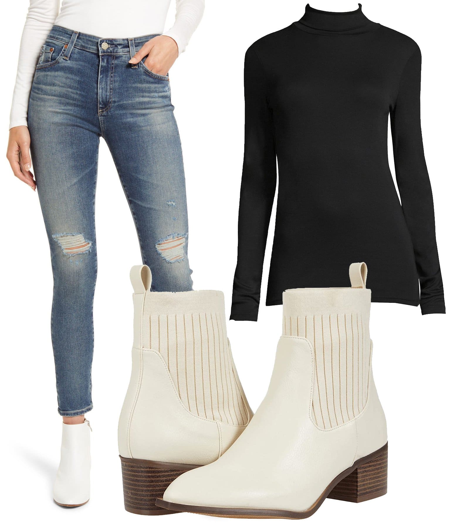 AG The Farrah Ankle Skinny Jeans, Splendid Knit Turtleneck Top, CL By Laundry Core Ankle Boots